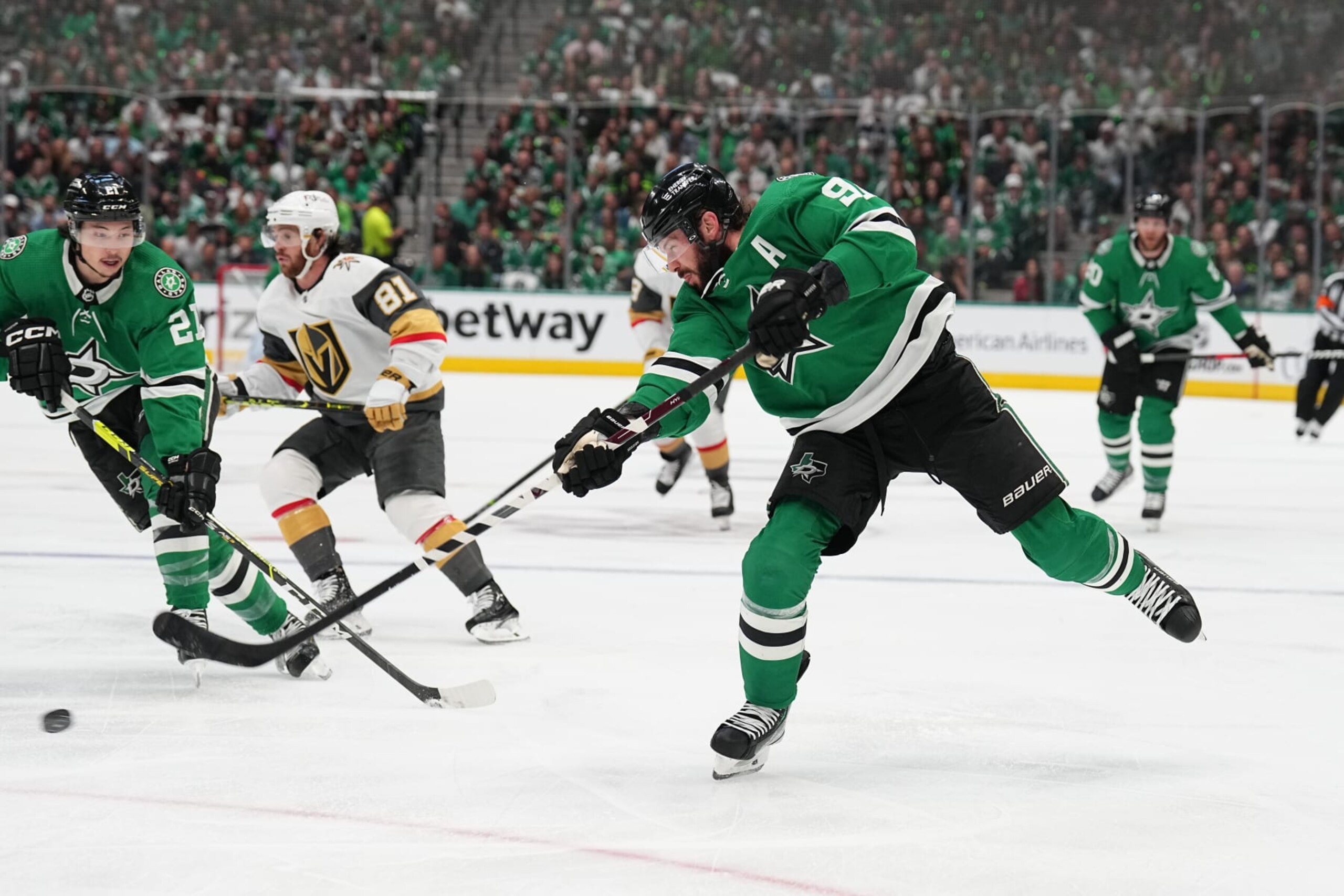 DALLAS, TX - MAY 29: Tyler Seguin #91 of the Dallas Stars winds up a shot against the Vegas Golden Knights in Game Six of the Conference Final of the 2023 Stanley Cup Playoffs at the American Airlines Center on May 29, 2023 in Dallas, Texas. (Photo by Glenn James/NHLI via Getty Images)
