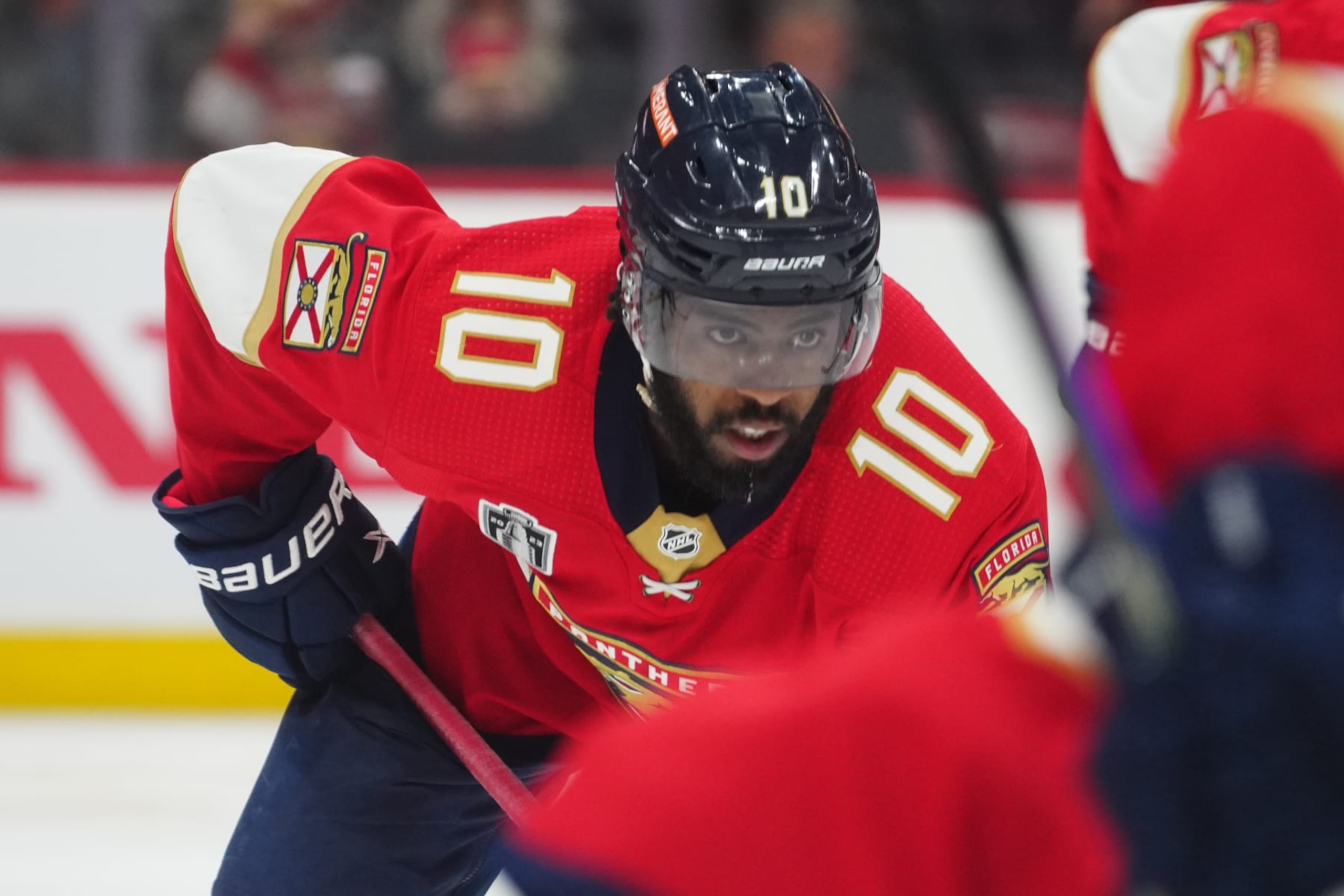 SUNRISE, FL - JUNE 08: Florida Panthers left wing Anthony Duclair (10) waits for a face-off in the second period during game three of the Stanley Cup Final between the Vegas Golden Knights and the Florida Panthers on Thursday, June 8, 2023 at FLA Live Arena, Sunrise, Fla. (Photo by Peter Joneleit/Icon Sportswire via Getty Images)