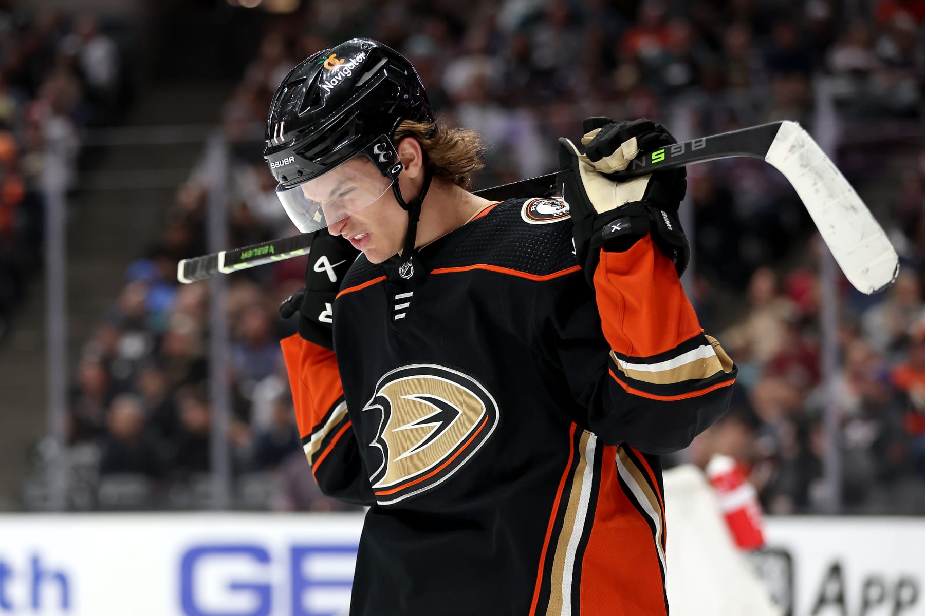 ANAHEIM, CALIFORNIA - APRIL 09: Trevor Zegras #11 of the Anaheim Ducks looks on during the second period of a game against the Colorado Avalanche at Honda Center on April 09, 2023 in Anaheim, California. (Photo by Sean M. Haffey/Getty Images)