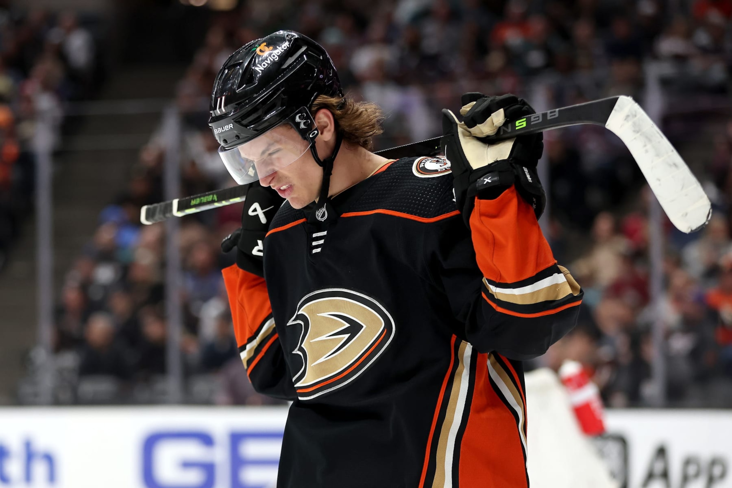 ANAHEIM, CALIFORNIA - APRIL 09: Trevor Zegras #11 of the Anaheim Ducks looks on during the second period of a game against the Colorado Avalanche at Honda Center on April 09, 2023 in Anaheim, California. (Photo by Sean M. Haffey/Getty Images)