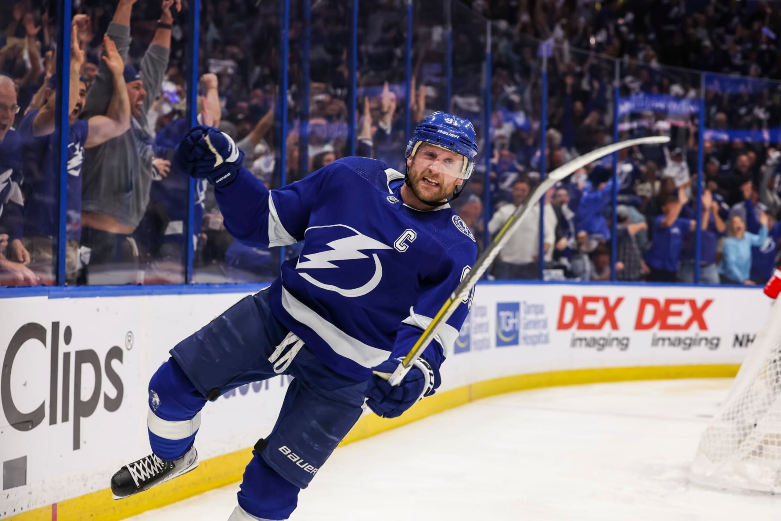 TAMPA, FL - APRIL 29: Steven Stamkos #91 of the Tampa Bay Lightning celebrates a goal against the Toronto Maple Leafs during the third period in Game Six of the First Round of the 2023 Stanley Cup Playoffs at Amalie Arena on April 29, 2023 in Tampa, Florida. (Photo by Mark LoMoglio/NHLI via Getty Images)