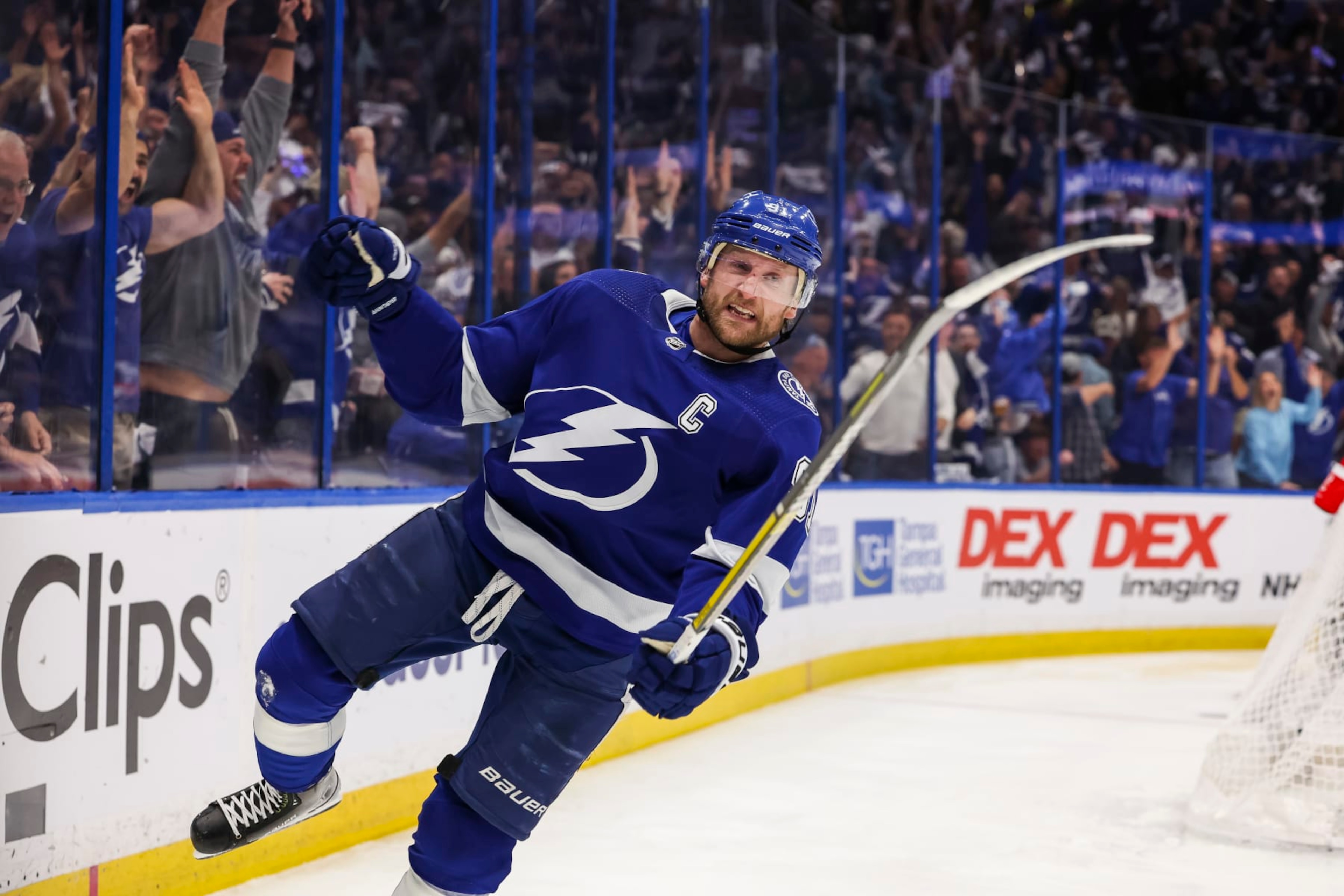 TAMPA, FL - APRIL 29: Steven Stamkos #91 of the Tampa Bay Lightning celebrates a goal against the Toronto Maple Leafs during the third period in Game Six of the First Round of the 2023 Stanley Cup Playoffs at Amalie Arena on April 29, 2023 in Tampa, Florida. (Photo by Mark LoMoglio/NHLI via Getty Images) TAMPA, FL - APRIL 29: Steven Stamkos #91 of the Tampa Bay Lightning celebrates a goal against the Toronto Maple Leafs during the third period in Game Six of the First Round of the 2023 Stanley Cup Playoffs at Amalie Arena on April 29, 2023 in Tampa, Florida. (Photo by Mark LoMoglio/NHLI via Getty Images)