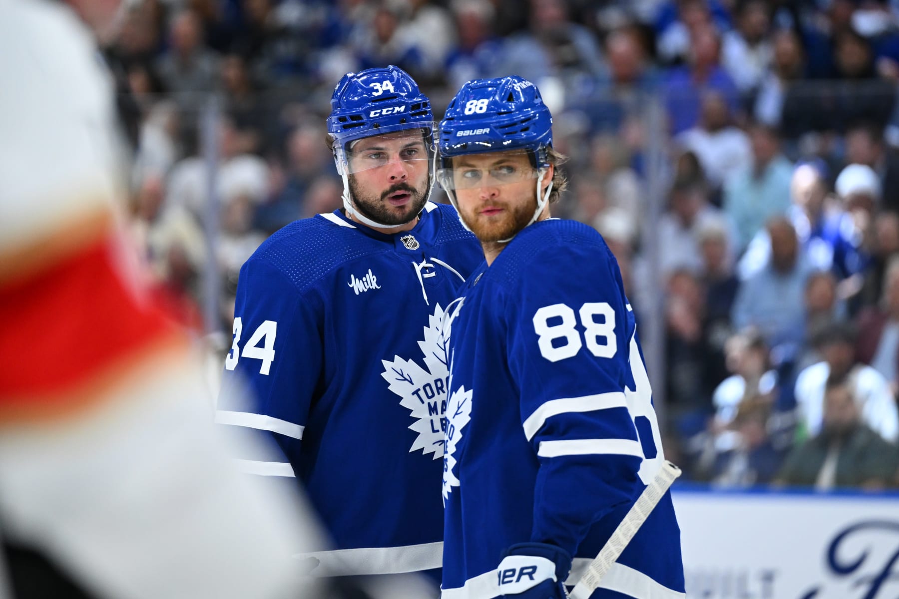 TORONTO, ON - MAY 12: Toronto Maple Leafs center Auston Matthews (34) and Toronto Maple Leafs right wing William Nylander (88) interact prior to the face off during the third period of game 5 in the Eastern Conference Second Round between the Florida Panthers and the Toronto Maple Leafs on May 12, 2023, at Scotiabank Arena in Toronto, ON, Canada. (Photo by Gavin Napier/Icon Sportswire via Getty Images)