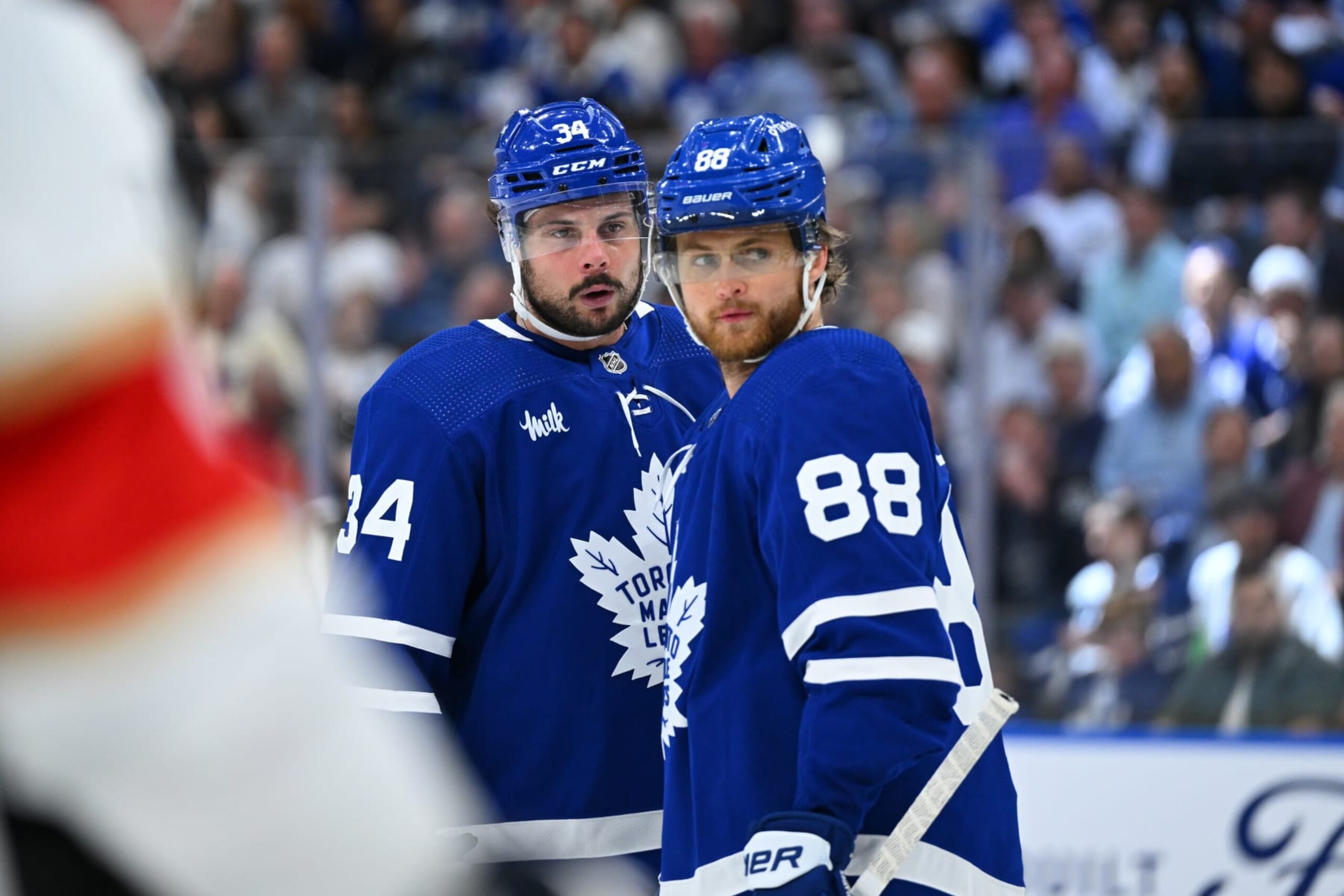 TORONTO, ON - MAY 12: Toronto Maple Leafs center Auston Matthews (34) and Toronto Maple Leafs right wing William Nylander (88) interact prior to the face off during the third period of game 5 in the Eastern Conference Second Round between the Florida Panthers and the Toronto Maple Leafs on May 12, 2023, at Scotiabank Arena in Toronto, ON, Canada. (Photo by Gavin Napier/Icon Sportswire via Getty Images)