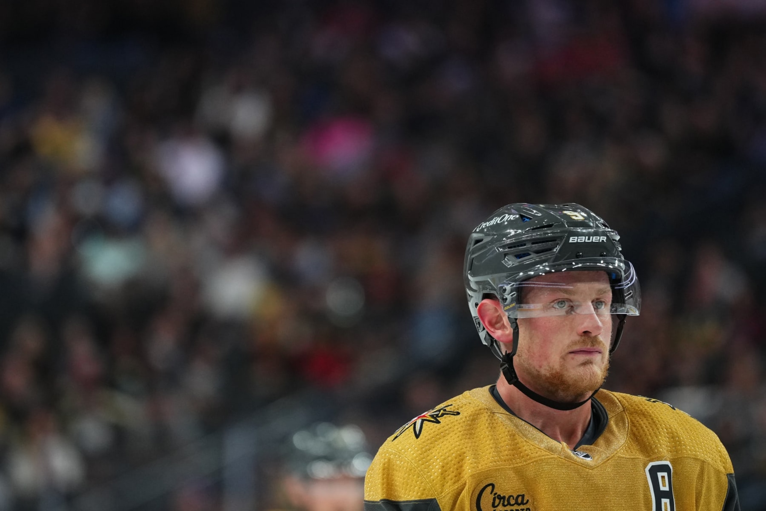 LAS VEGAS, NEVADA - SEPTEMBER 29: Jack Eichel #9 of the Vegas Golden Knights skates during the first period against the Arizona Coyotes at T-Mobile Arena on September 29, 2023 in Las Vegas, Nevada. (Photo by Jeff Bottari/NHLI via Getty Images)
