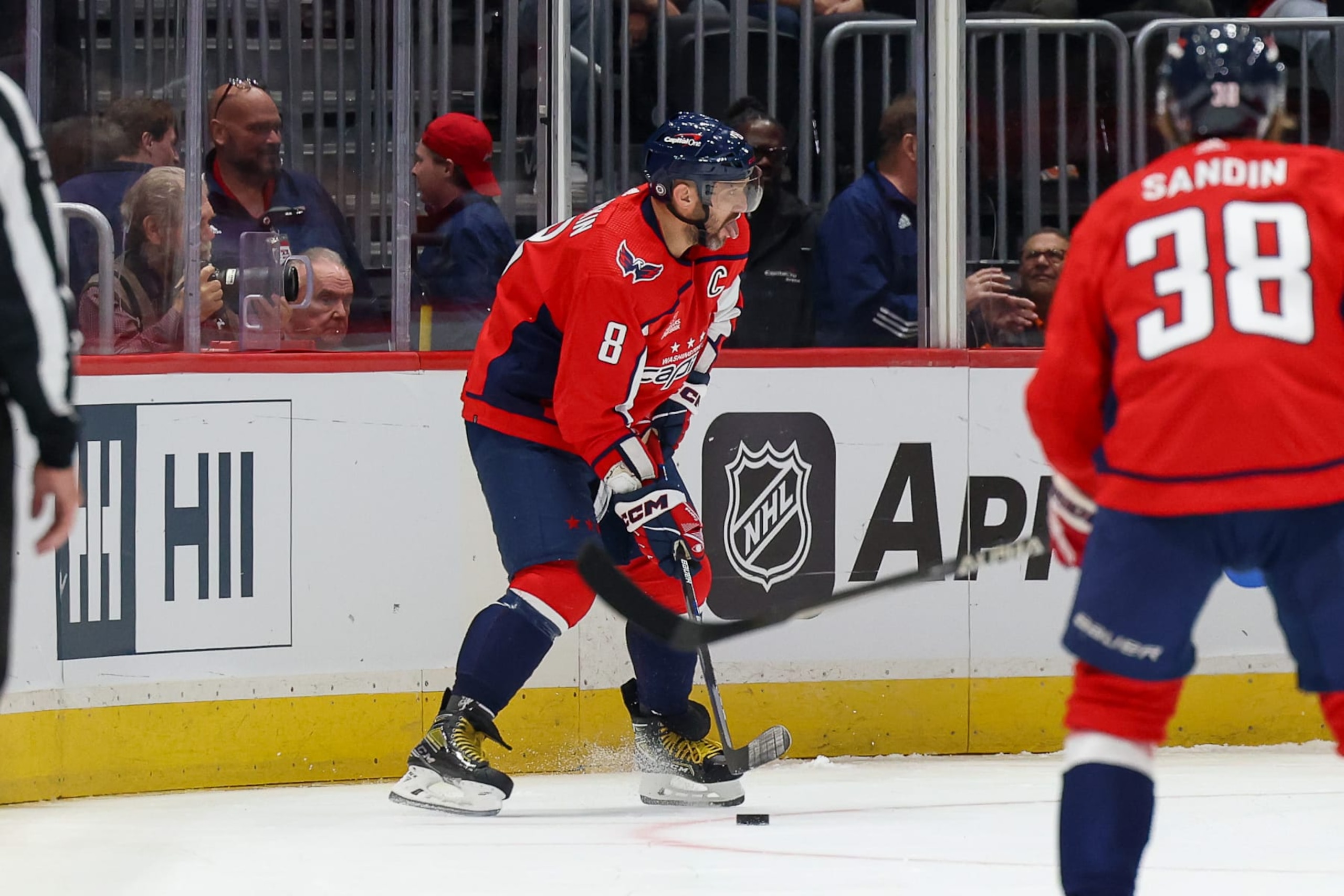 WASHINGTON, DC - SEPTEMBER 28: Alex Ovechkin looks to take a shot on net during a pre-season game against the Detroit Red Wings at Capital One Arena on September 28, 2023 in Washington, D.C. (Photo by John McCreary/NHLI via Getty Images)
