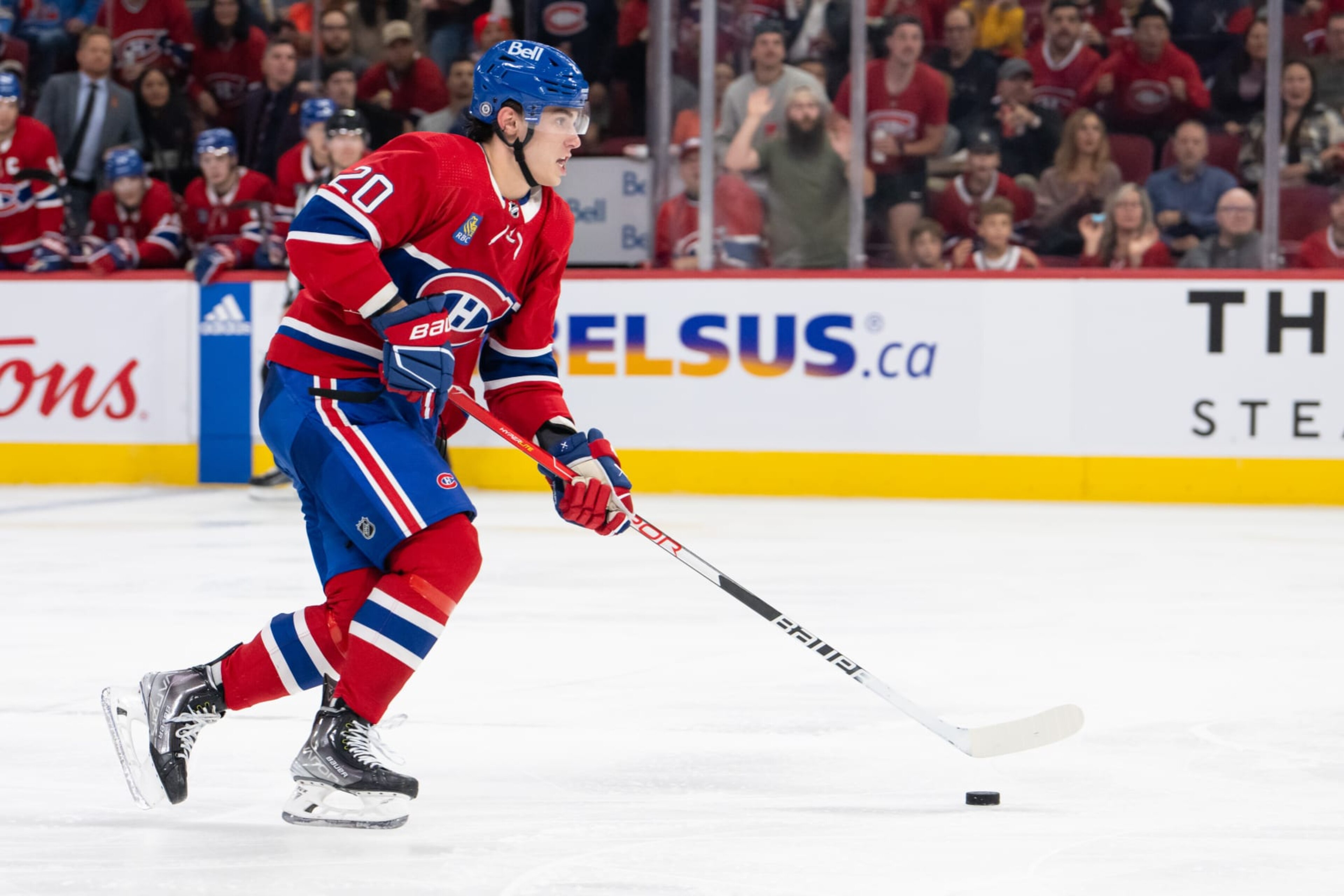 MONTREAL, QC - SEPTEMBER 30: Juraj Slafkovsky (20) of the Montreal Canadiens skates with the puck during the second period of the NHL pre-season game between the Toronto Maple Leafs and the Montreal Canadiens on September 30, 2023, at the Bell Centre in Montreal, QC(Photo by Vincent Ethier/Icon Sportswire via Getty Images) MONTREAL, QC - SEPTEMBER 30: Juraj Slafkovsky (20) of the Montreal Canadiens skates with the puck during the second period of the NHL pre-season game between the Toronto Maple Leafs and the Montreal Canadiens on September 30, 2023, at the Bell Centre in Montreal, QC(Photo by Vincent Ethier/Icon Sportswire via Getty Images)