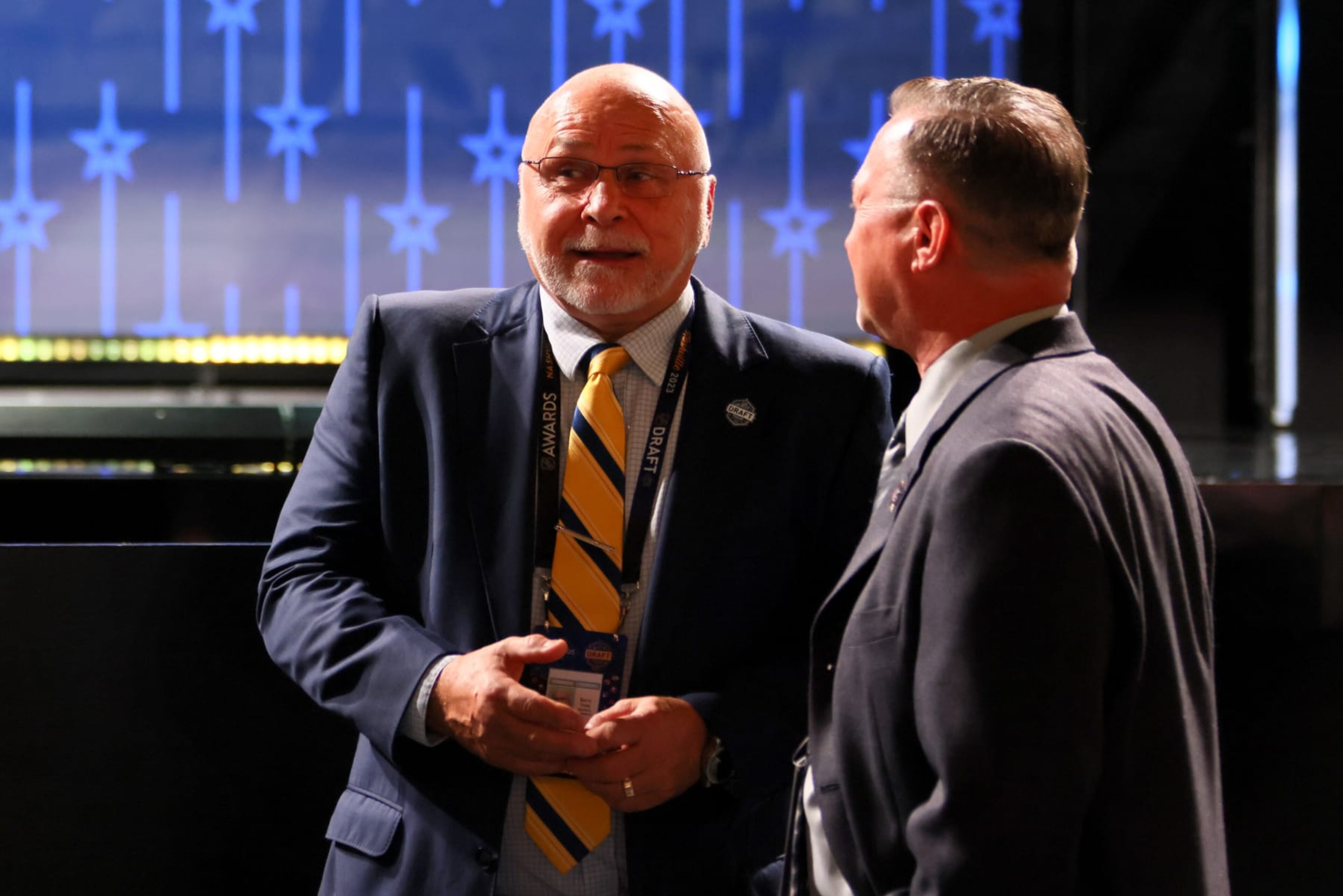 NASHVILLE, TENNESSEE - JUNE 28: General manager Barry Trotz of the Nashville Predators is seen prior to round one of the 2023 Upper Deck NHL Draft at Bridgestone Arena on June 28, 2023 in Nashville, Tennessee. (Photo by Bruce Bennett/Getty Images) NASHVILLE, TENNESSEE - JUNE 28: General manager Barry Trotz of the Nashville Predators is seen prior to round one of the 2023 Upper Deck NHL Draft at Bridgestone Arena on June 28, 2023 in Nashville, Tennessee. (Photo by Bruce Bennett/Getty Images)