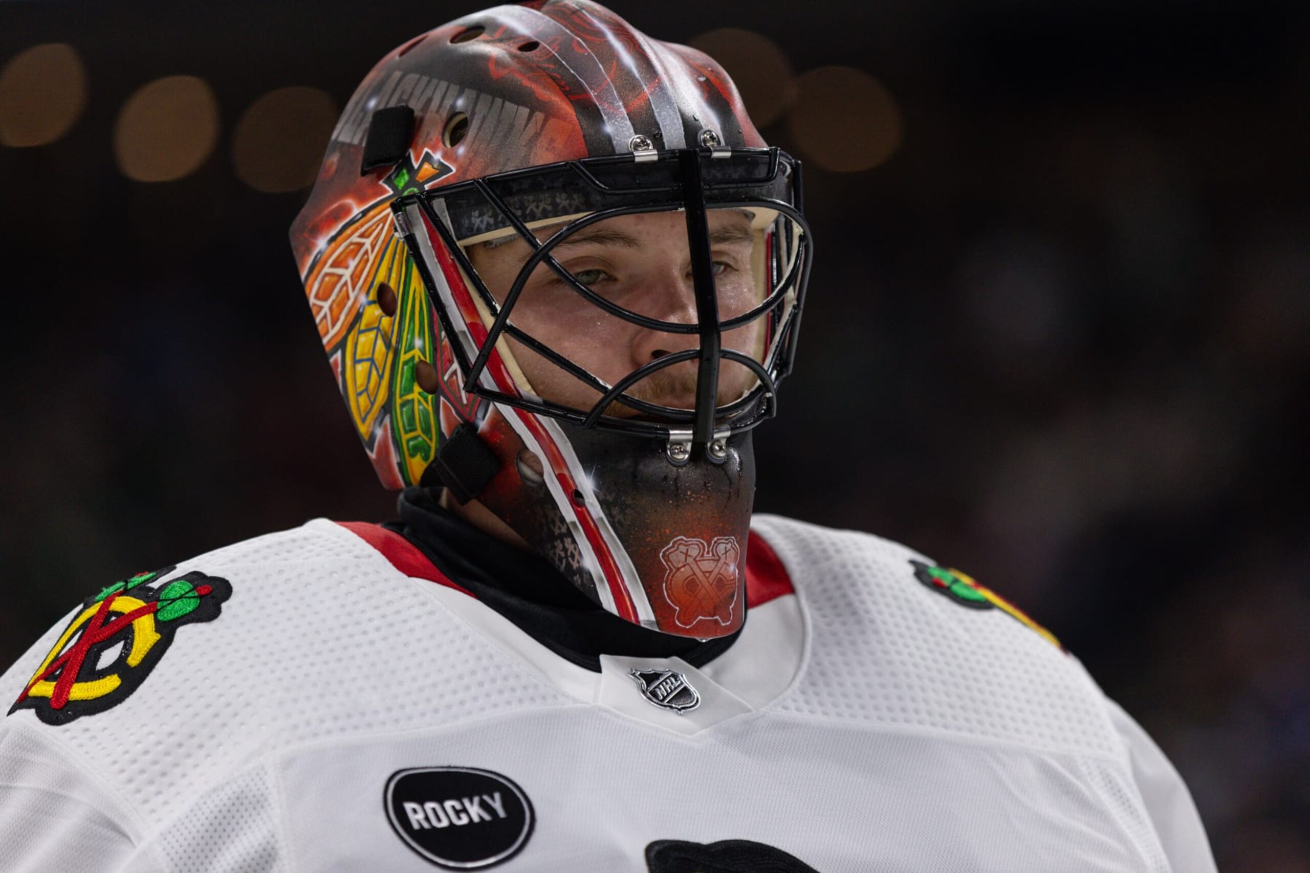 MINNEAPOLIS, MN - SEPTEMBER 30: Chicago Blackhawks goaltender Arvid Soderblom (40) looks on during the NHL Preseason game between the Chicago Blackhawks and the Minnesota Wild on September 30th, 2023, at the Xcel Energy Center in Saint Paul. MN. (Photo by Bailey Hillesheim/Icon Sportswire via Getty Images)