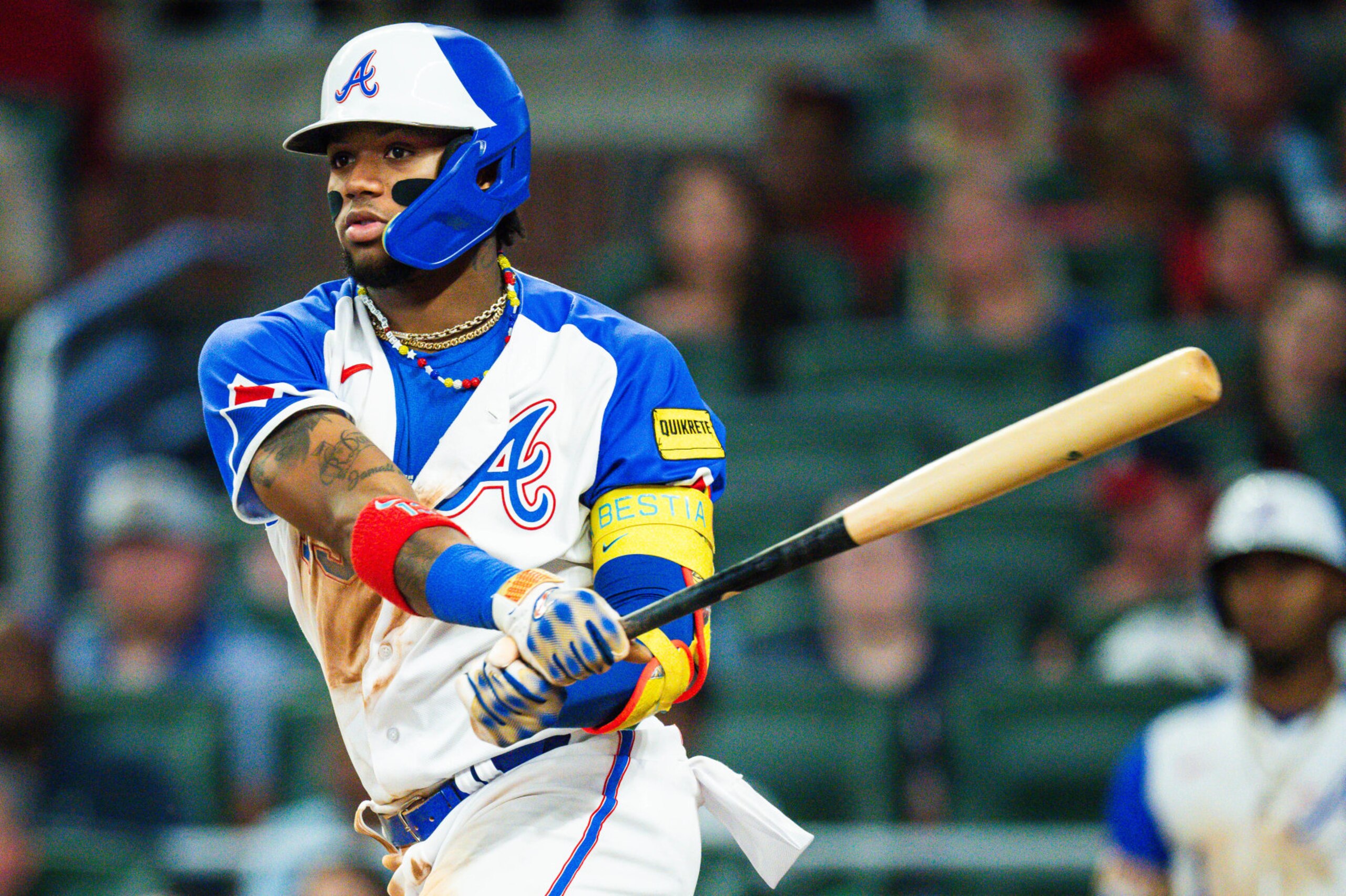ATLANTA, GA - SEPTEMBER 30: Ronald Acuna Jr. #13 of the Atlanta Braves hits a double during the fifth inning against the Washington Nationals at Truist Park on September 30, 2023 in Atlanta, Georgia. (Photo by Kevin D. Liles/Atlanta Braves/Getty Images) ATLANTA, GA - SEPTEMBER 30: Ronald Acuna Jr. #13 of the Atlanta Braves hits a double during the fifth inning against the Washington Nationals at Truist Park on September 30, 2023 in Atlanta, Georgia. (Photo by Kevin D. Liles/Atlanta Braves/Getty Images)