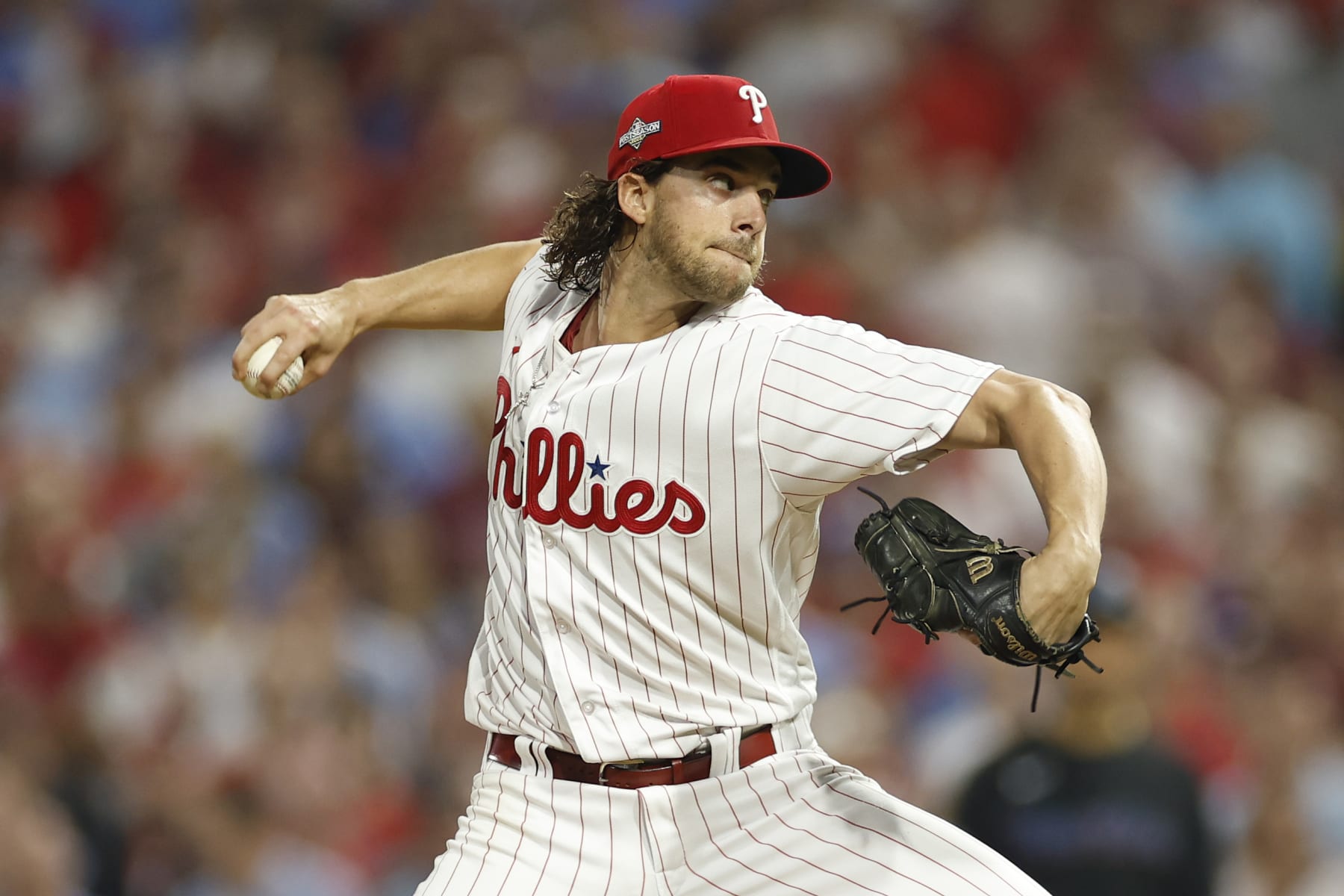 PHILADELPHIA, PENNSYLVANIA - OCTOBER 04: Aaron Nola #27 of the Philadelphia Phillies pitches during the first inning against the Miami Marlins in Game Two of the Wild Card Series at Citizens Bank Park on October 04, 2023 in Philadelphia, Pennsylvania. (Photo by Sarah Stier/Getty Images)