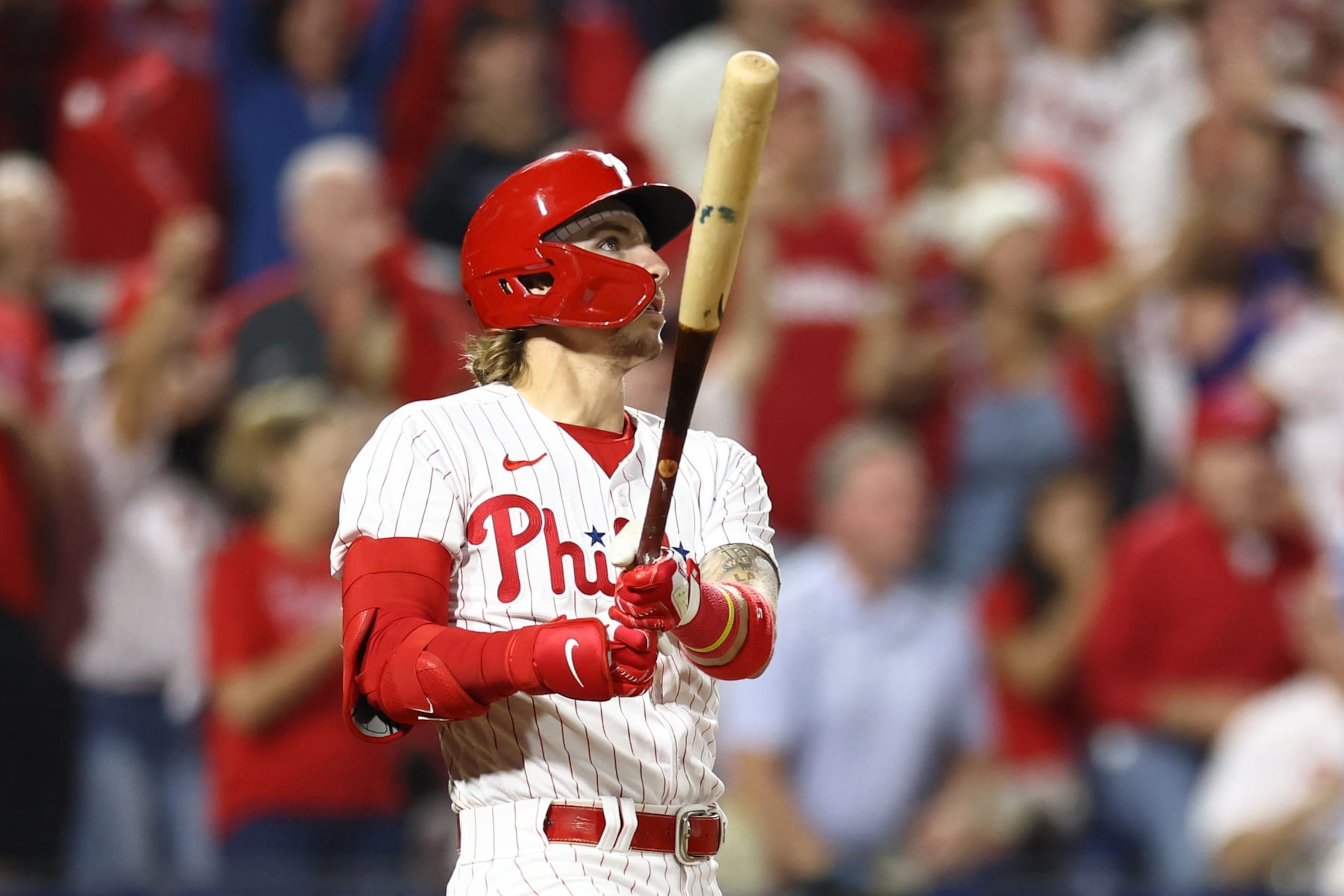 PHILADELPHIA, PENNSYLVANIA - OCTOBER 04: Bryson Stott #5 of the Philadelphia Phillies hits a grand slam during the sixth inning against the Miami Marlins in Game Two of the Wild Card Series at Citizens Bank Park on October 04, 2023 in Philadelphia, Pennsylvania. (Photo by Tim Nwachukwu/Getty Images)