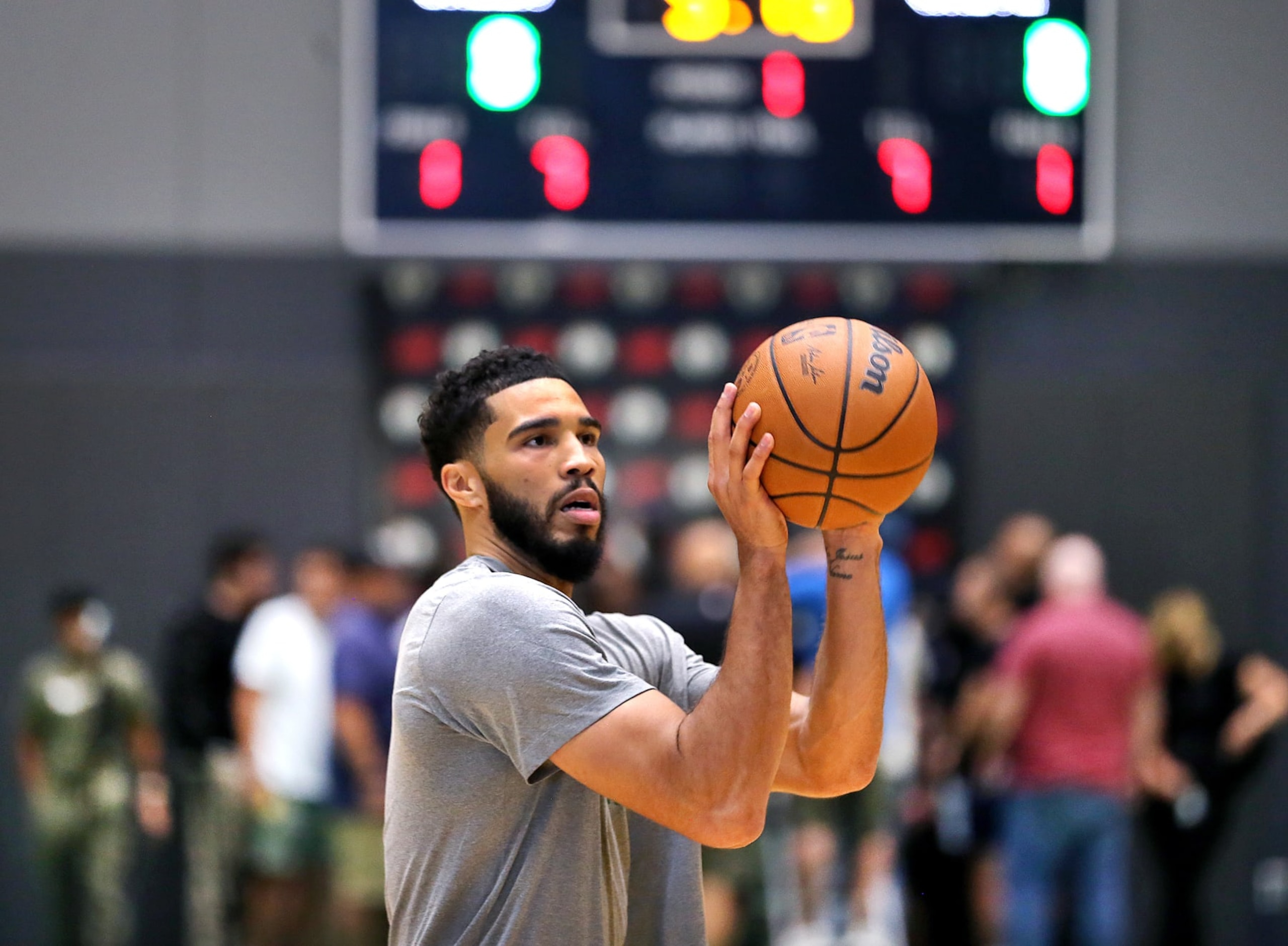 Boston, MA - October 3: Boston Celtics SF Jayson Tatum gets a shot up. (Photo by John Tlumacki/The Boston Globe via Getty Images)