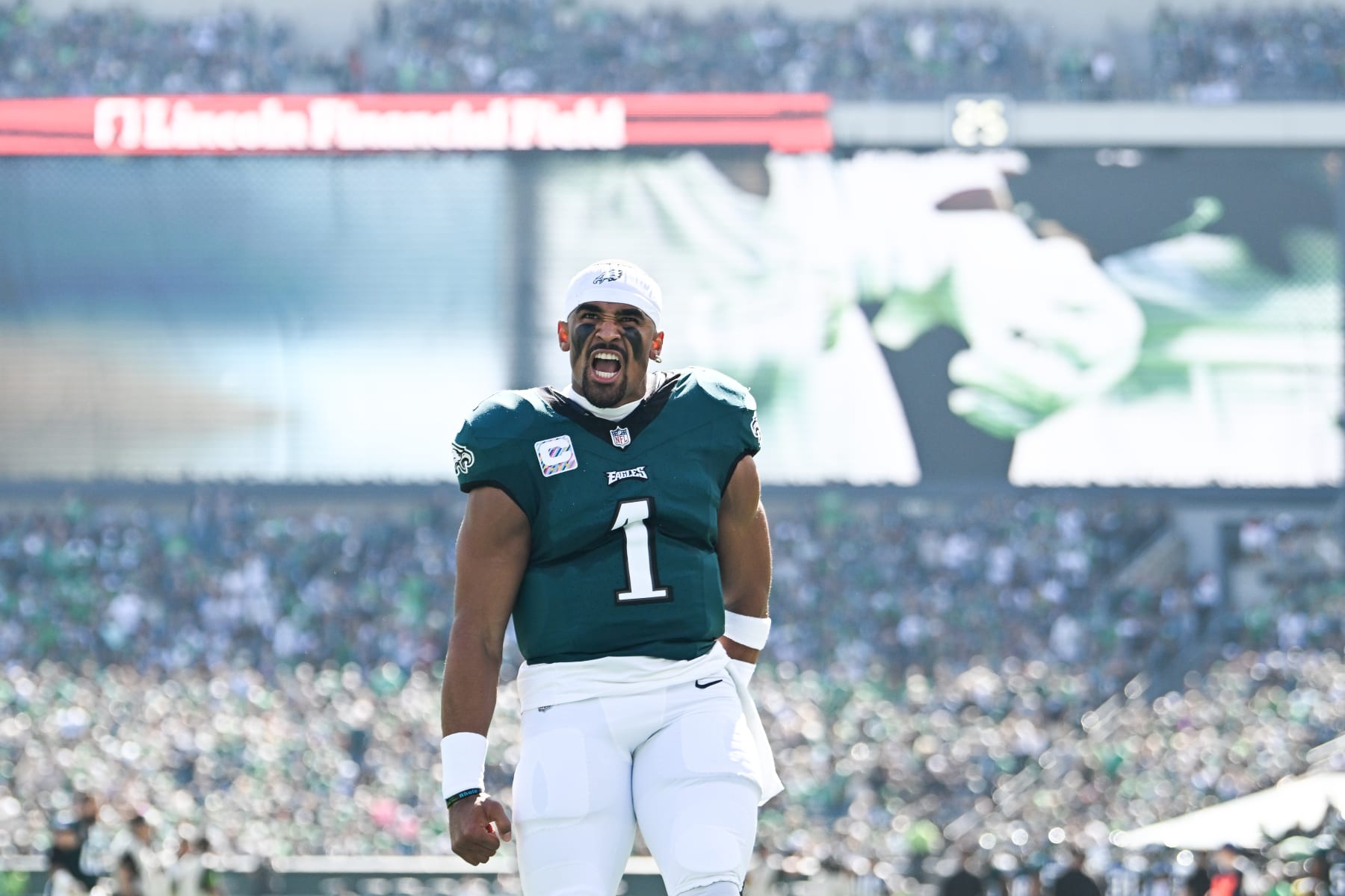 PHILADELPHIA, PA - OCTOBER 1: Jalen Hurts #1 of the Philadelphia Eagles yells out prior to the start of the game against the Washington Commanders at Lincoln Financial Field on October 1, 2023 in Philadelphia, Pennsylvania. (Photo by Kathryn Riley/Getty Images)