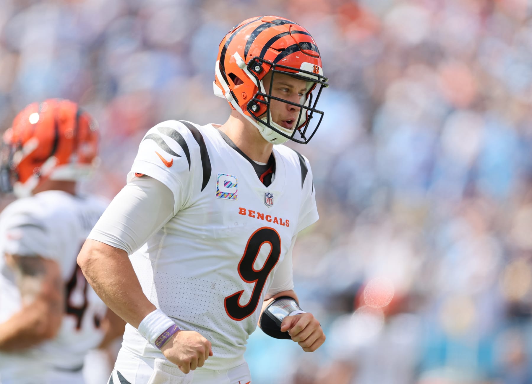 NASHVILLE, TENNESSEE - OCTOBER 01: Joe Burrow #9 of the Cincinnati Bengals reacts against the Tennessee Titans during the first half at Nissan Stadium on October 01, 2023 in Nashville, Tennessee. (Photo by Andy Lyons/Getty Images)