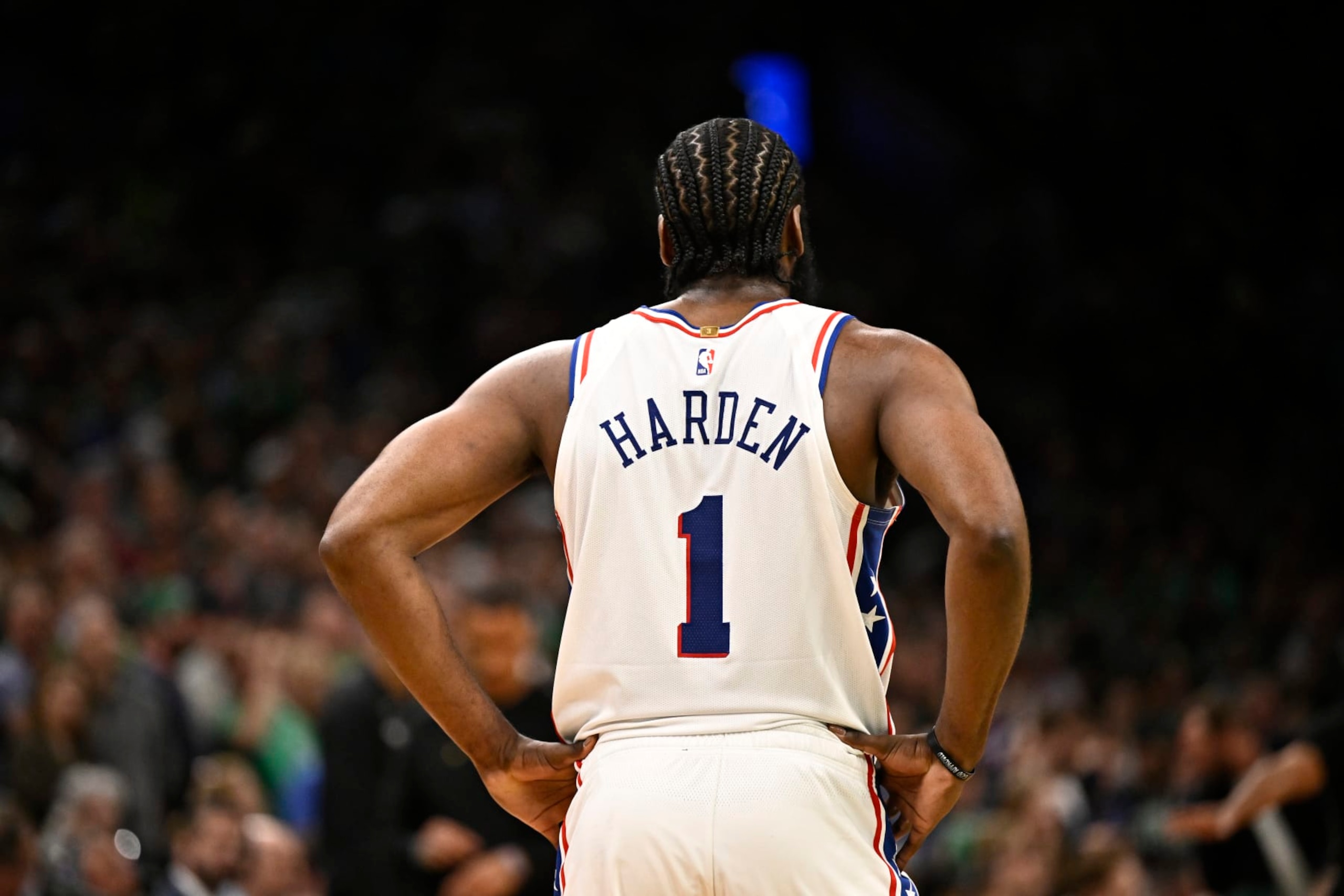 BOSTON, MA - MAY 14: James Harden #1 of the Philadelphia 76ers looks on during Game 7 of the Eastern Conference Semi-Finals 2023 NBA Playoffs on May 14, 2023 at the TD Garden in Boston, Massachusetts. NOTE TO USER: User expressly acknowledges and agrees that, by downloading and or using this photograph, User is consenting to the terms and conditions of the Getty Images License Agreement. Mandatory Copyright Notice: Copyright 2023 NBAE  (Photo by David Dow/NBAE via Getty Images)