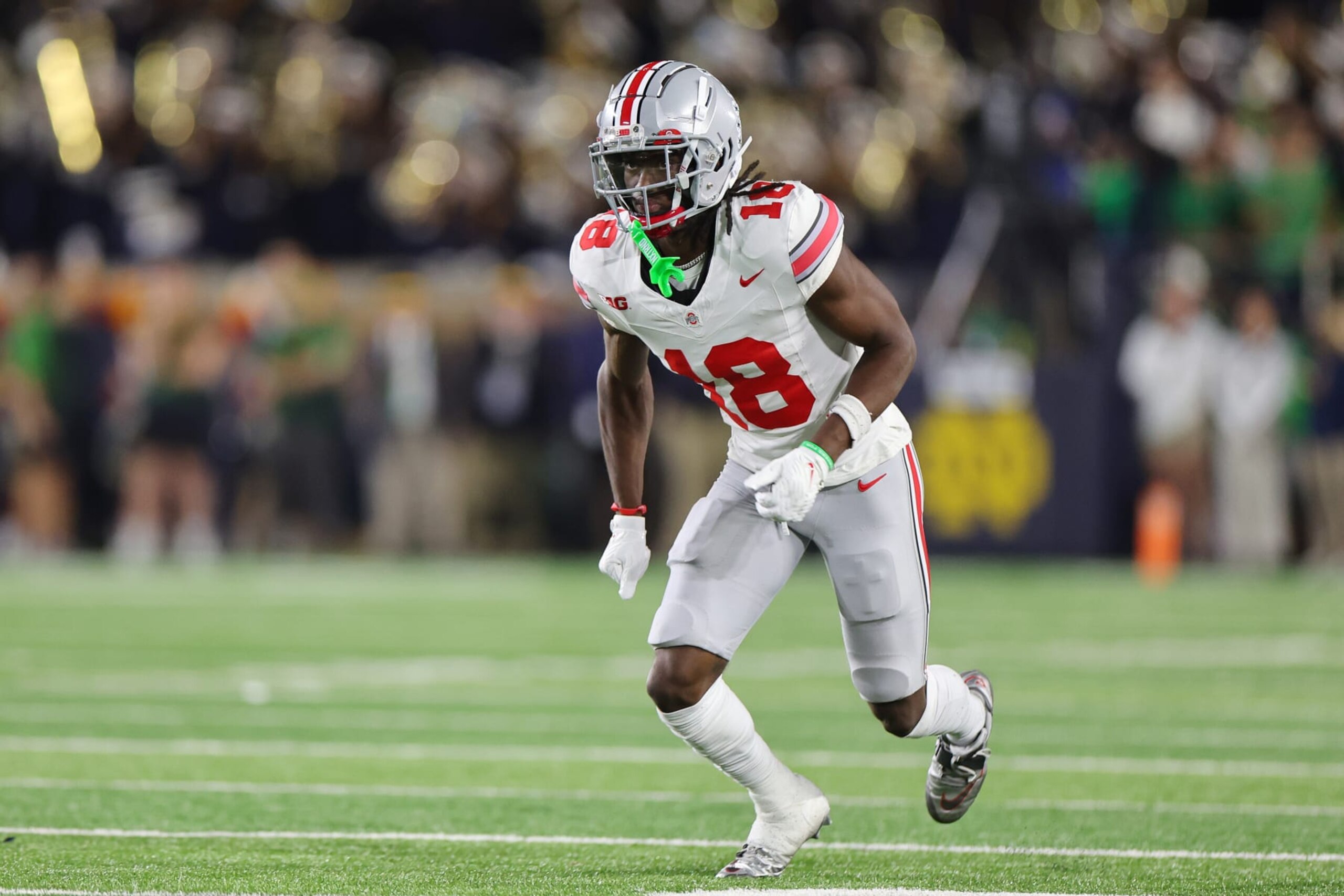 SOUTH BEND, INDIANA - SEPTEMBER 23: Marvin Harrison Jr. #18 of the Ohio State Buckeyes in action against the Notre Dame Fighting Irish during the second half at Notre Dame Stadium on September 23, 2023 in South Bend, Indiana. (Photo by Michael Reaves/Getty Images) SOUTH BEND, INDIANA - SEPTEMBER 23: Marvin Harrison Jr. #18 of the Ohio State Buckeyes in action against the Notre Dame Fighting Irish during the second half at Notre Dame Stadium on September 23, 2023 in South Bend, Indiana. (Photo by Michael Reaves/Getty Images)