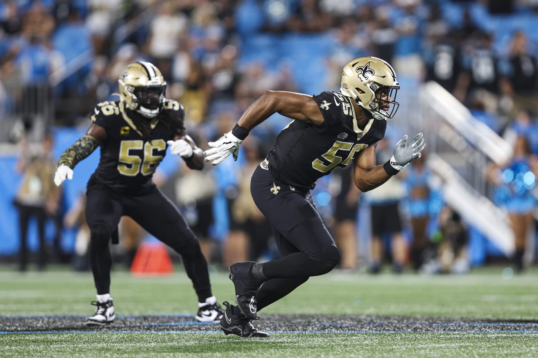 CHARLOTTE, NC - SEPTEMBER 18: Isaiah Foskey #55 of the New Orleans Saints rushes the passer during an NFL football game against the Carolina Panthers at Bank of America Stadium on September 18, 2023 in Charlotte,  North Carolina. (Photo by Perry Knotts/Getty Images)