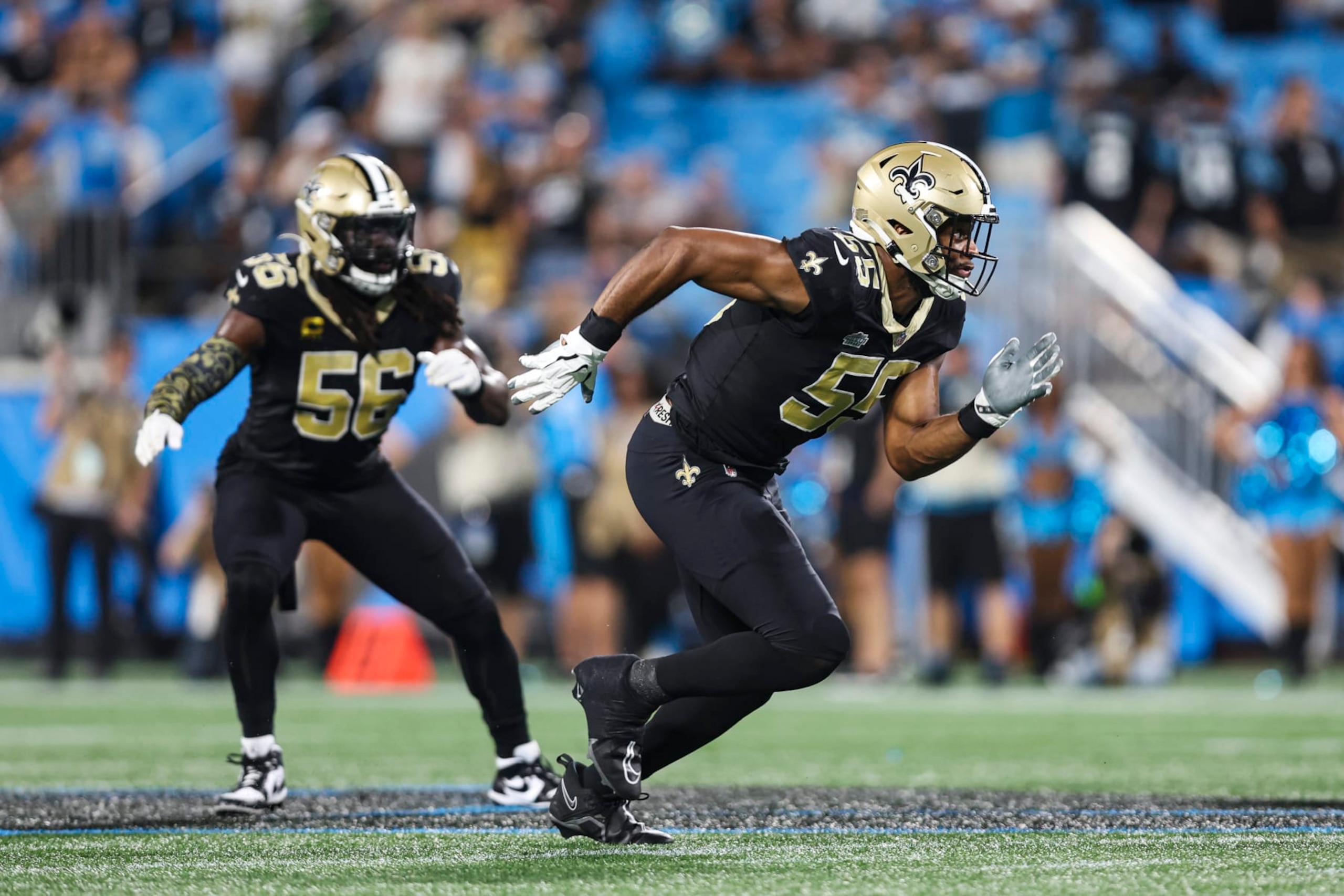 CHARLOTTE, NC - SEPTEMBER 18: Isaiah Foskey #55 of the New Orleans Saints rushes the passer during an NFL football game against the Carolina Panthers at Bank of America Stadium on September 18, 2023 in Charlotte,  North Carolina. (Photo by Perry Knotts/Getty Images)