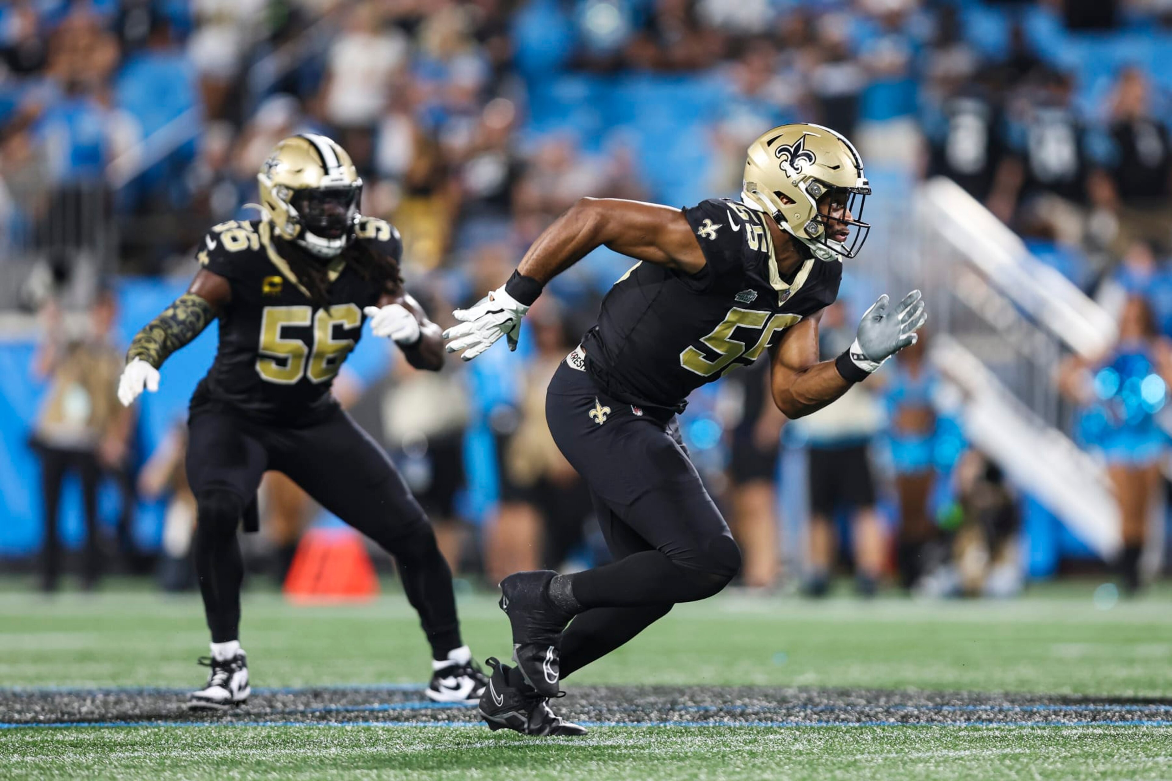 CHARLOTTE, NC - SEPTEMBER 18: Isaiah Foskey #55 of the New Orleans Saints rushes the passer during an NFL football game against the Carolina Panthers at Bank of America Stadium on September 18, 2023 in Charlotte,  North Carolina. (Photo by Perry Knotts/Getty Images)