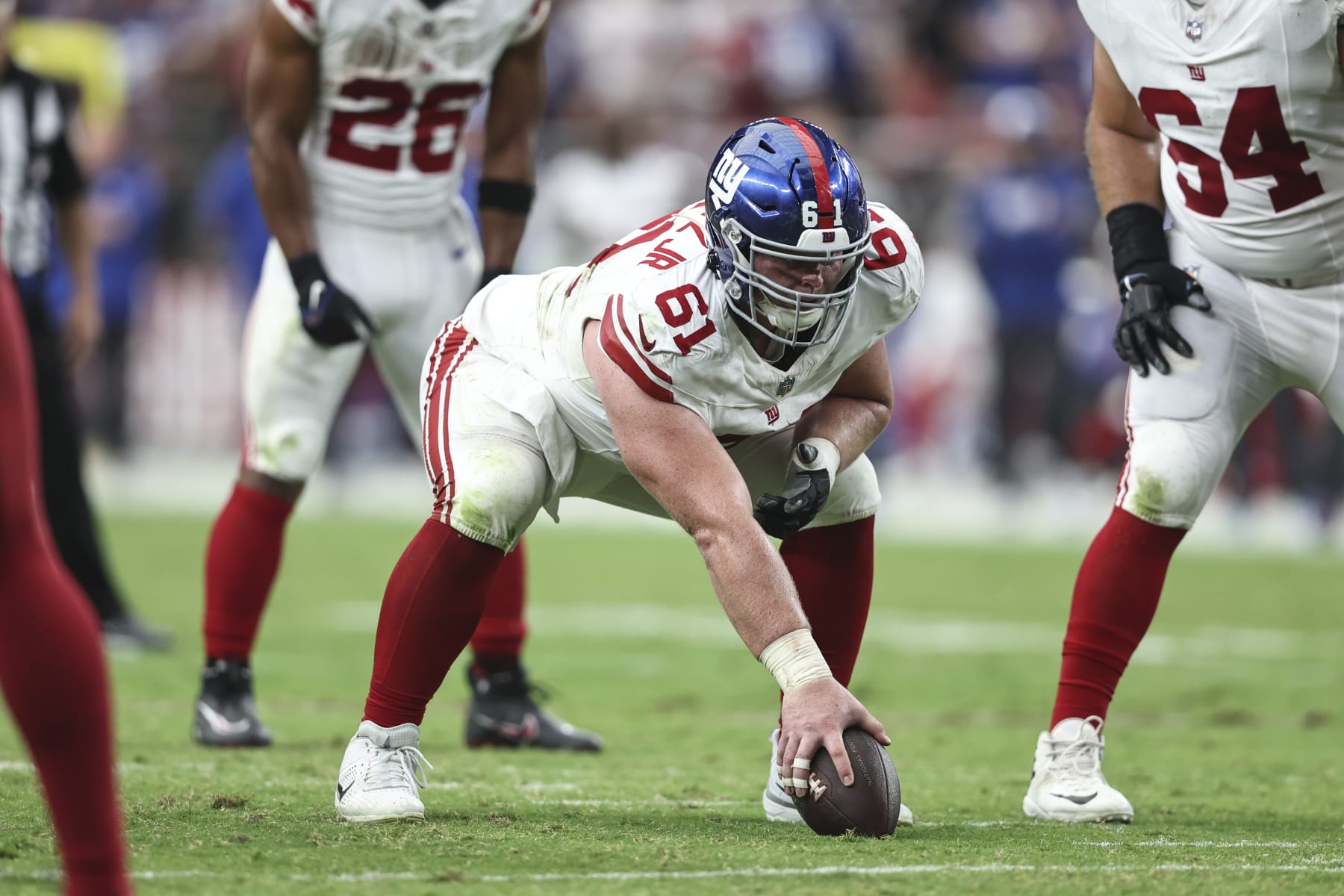 GLENDALE, ARIZONA - SEPTEMBER 17: John Michael Schmitz Jr. #61 of the New York Giants lines up during an NFL football game between the Arizona Cardinals and the New York Giants at State Farm Stadium on September 17, 2023 in Glendale, Arizona. (Photo by Michael Owens/Getty Images)