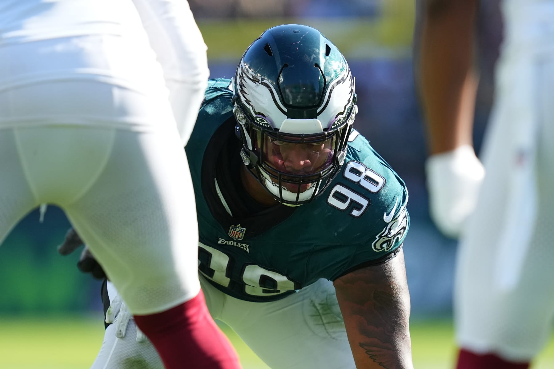 PHILADELPHIA, PENNSYLVANIA - OCTOBER 1: Jalen Carter #98 of the Philadelphia Eagles looks on against the Washington Commanders at Lincoln Financial Field on October 1, 2023 in Philadelphia, Pennsylvania. (Photo by Mitchell Leff/Getty Images)