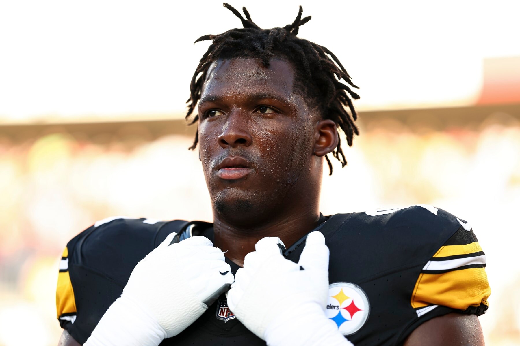 TAMPA, FL - AUGUST 11: Keeanu Benton #95 of the Pittsburgh Steelers stands on the sidelines during the national anthem prior to an NFL preseason football game against the Tampa Bay Buccaneers at Raymond James Stadium on August 11, 2023 in Tampa, Florida. (Photo by Kevin Sabitus/Getty Images)