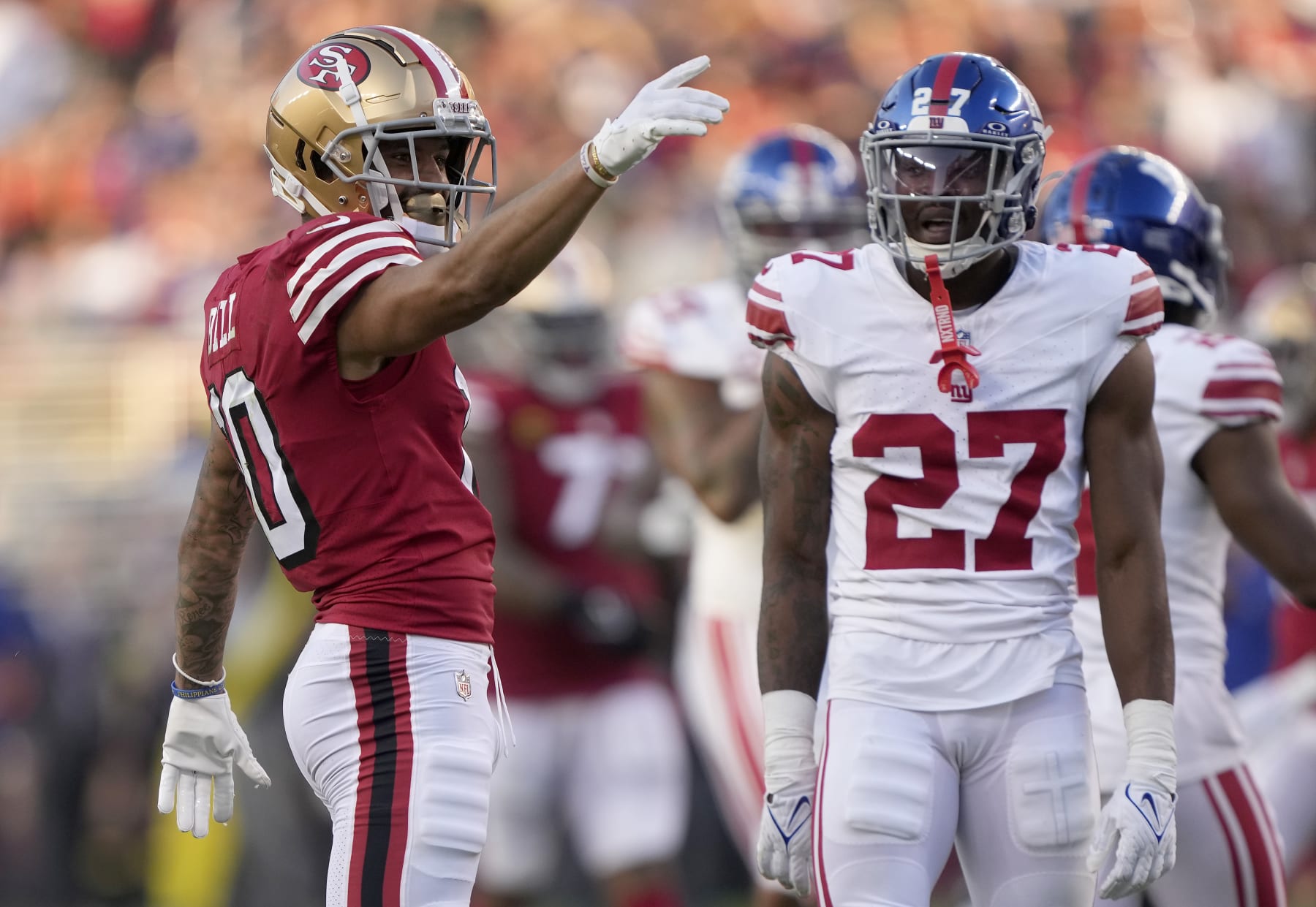 SANTA CLARA, CALIFORNIA - SEPTEMBER 21: Ronnie Bell #10 of the San Francisco 49ers signals a first down against the New York Giants during the second quarter in the game at Levi's Stadium on September 21, 2023 in Santa Clara, California. (Photo by Thearon W. Henderson/Getty Images)