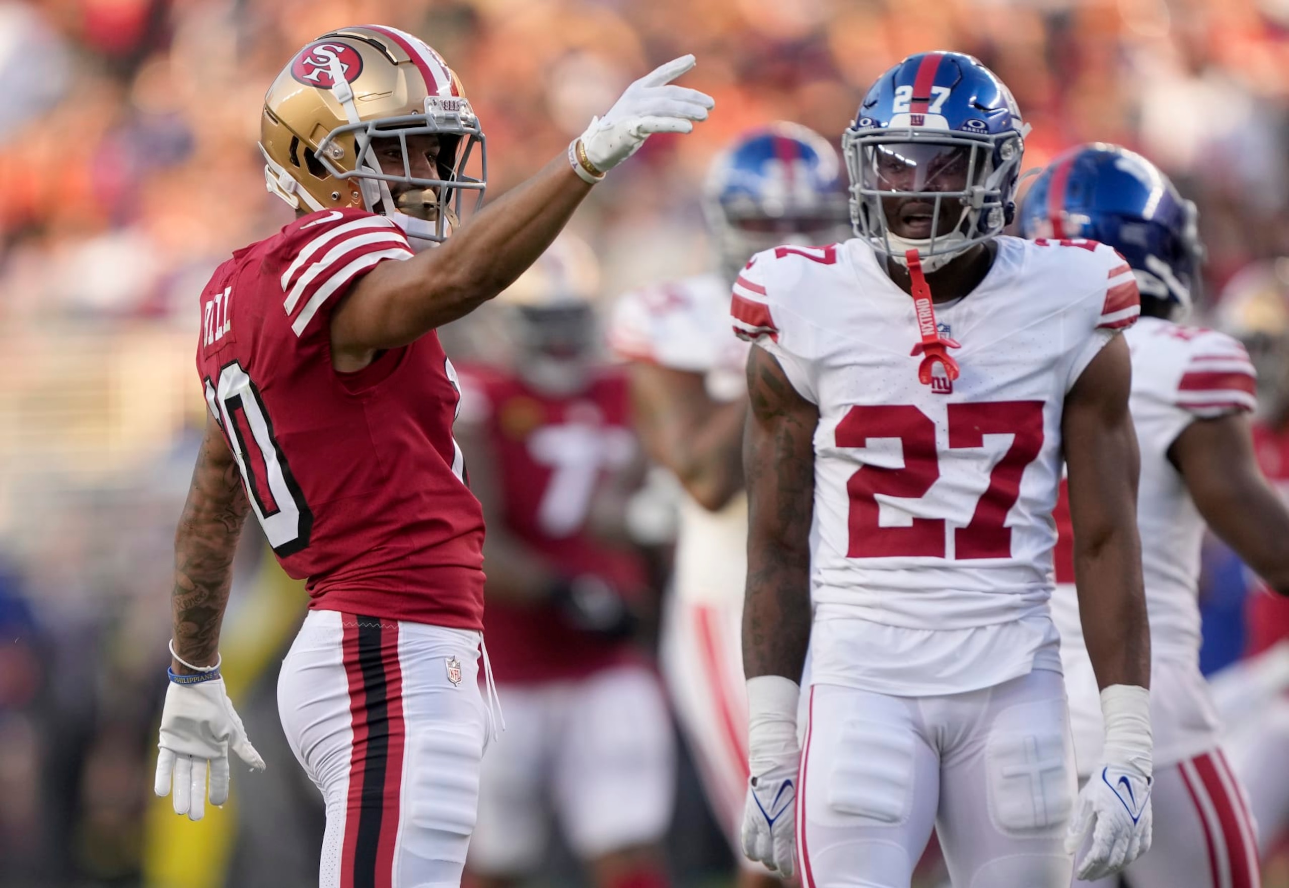 SANTA CLARA, CALIFORNIA - SEPTEMBER 21: Ronnie Bell #10 of the San Francisco 49ers signals a first down against the New York Giants during the second quarter in the game at Levi's Stadium on September 21, 2023 in Santa Clara, California. (Photo by Thearon W. Henderson/Getty Images)