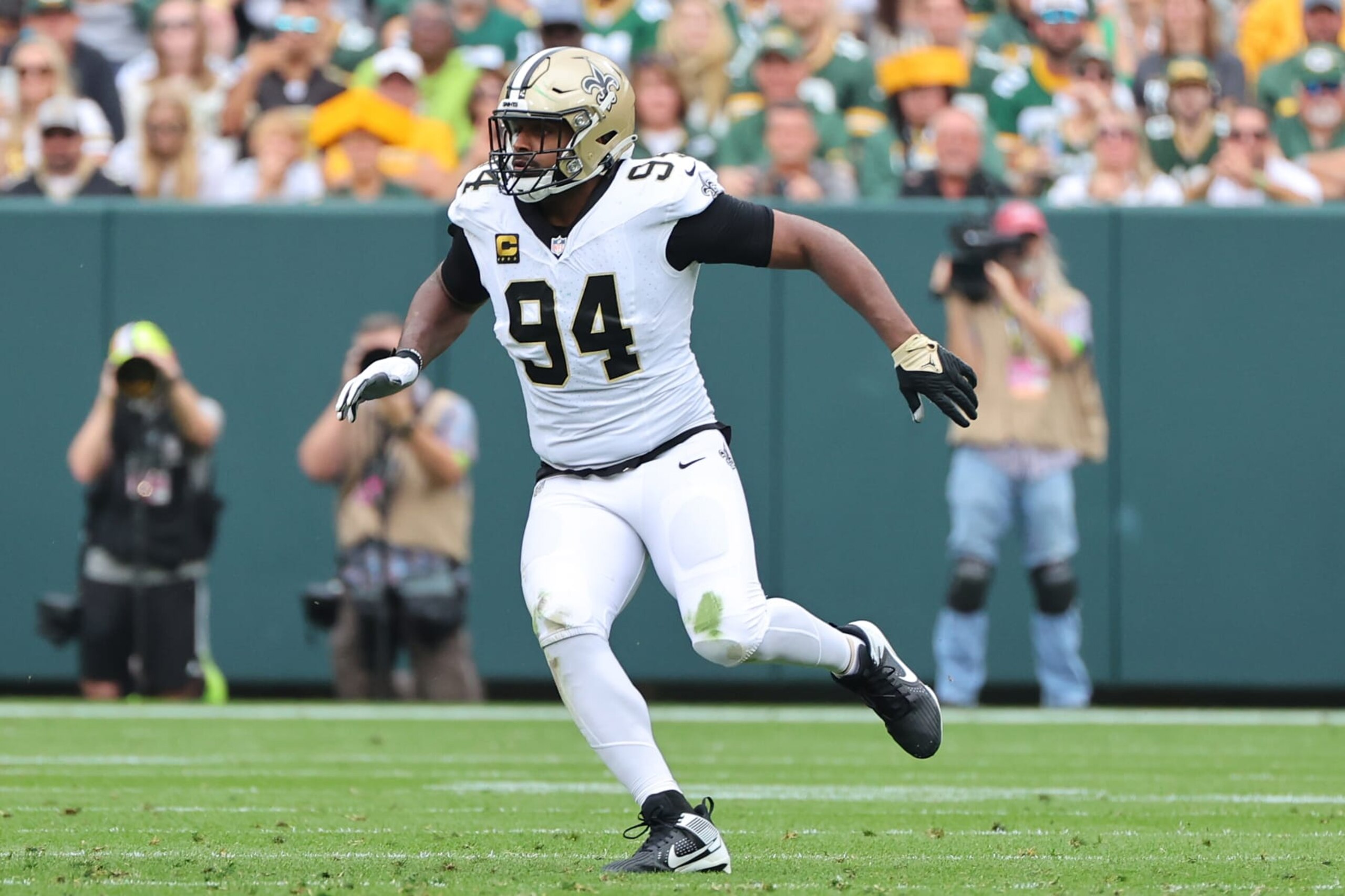 GREEN BAY, WISCONSIN - SEPTEMBER 24: Cameron Jordan #94 of the New Orleans Saints rushes the passer during a game against the Green Bay Packers at Lambeau Field on September 24, 2023 in Green Bay, Wisconsin. (Photo by Stacy Revere/Getty Images)