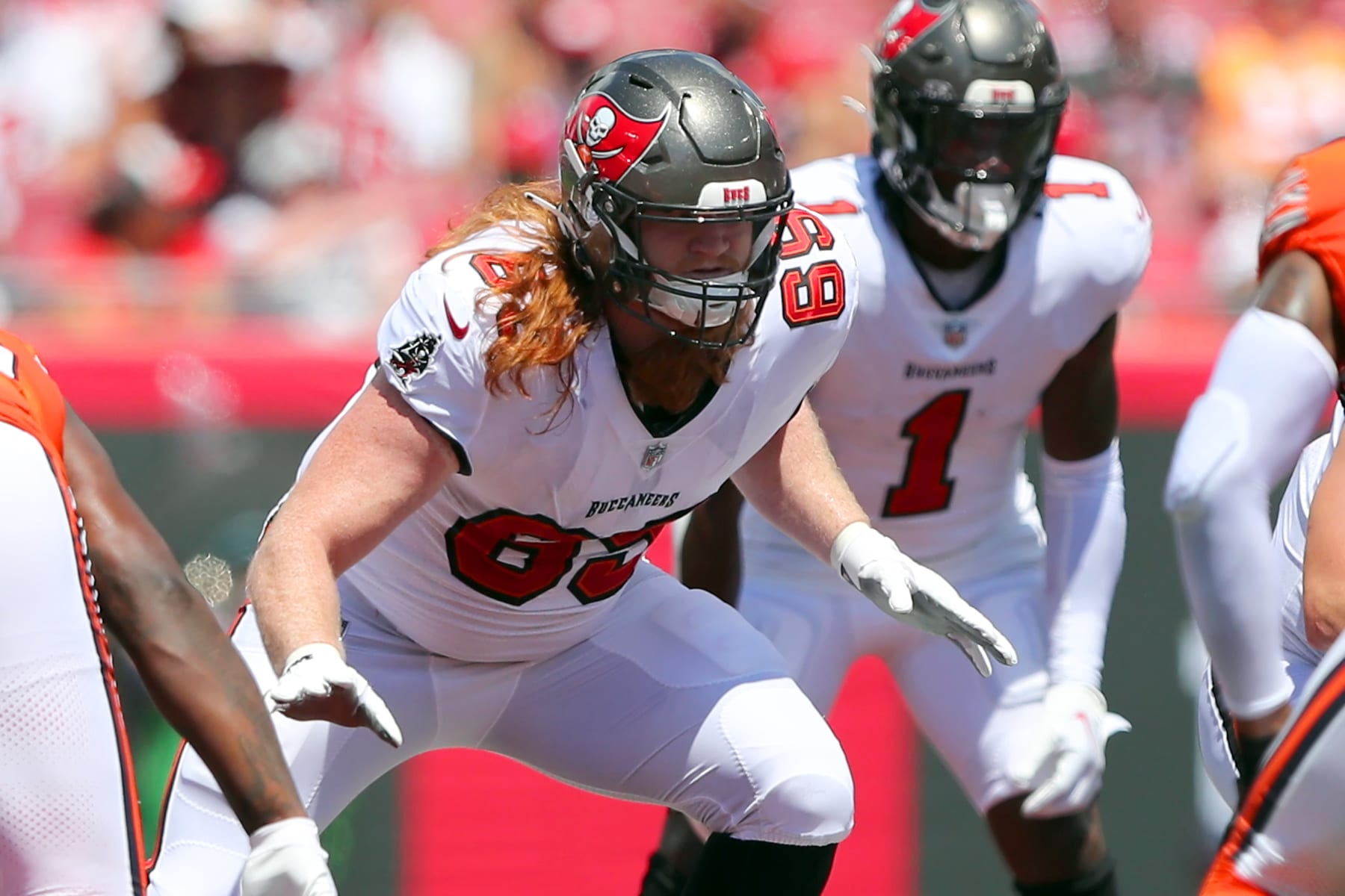 TAMPA, FL - SEPTEMBER 17: Tampa Bay Buccaneers Offensive Guard Cody Mauch (69) pass blocks during the regular season game between the Chicago Bears and the Tampa Bay Buccaneers on September 17, 2023 at Raymond James Stadium in Tampa, Florida. (Photo by Cliff Welch/Icon Sportswire via Getty Images)