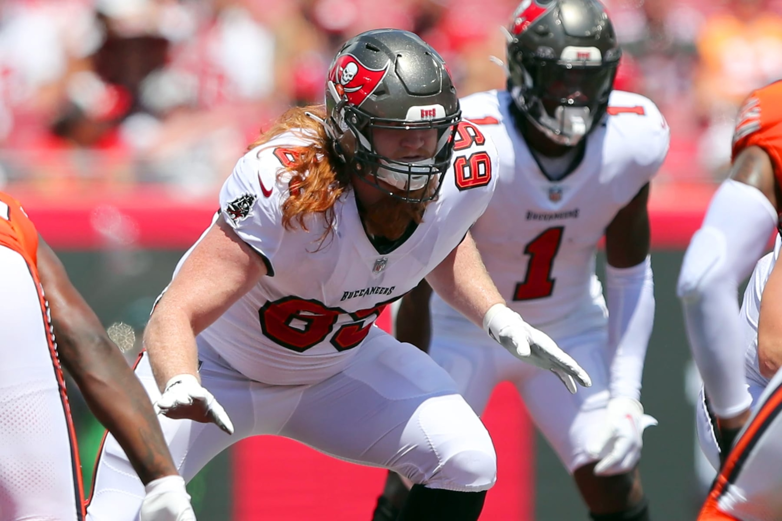 TAMPA, FL - SEPTEMBER 17: Tampa Bay Buccaneers Offensive Guard Cody Mauch (69) pass blocks during the regular season game between the Chicago Bears and the Tampa Bay Buccaneers on September 17, 2023 at Raymond James Stadium in Tampa, Florida. (Photo by Cliff Welch/Icon Sportswire via Getty Images)