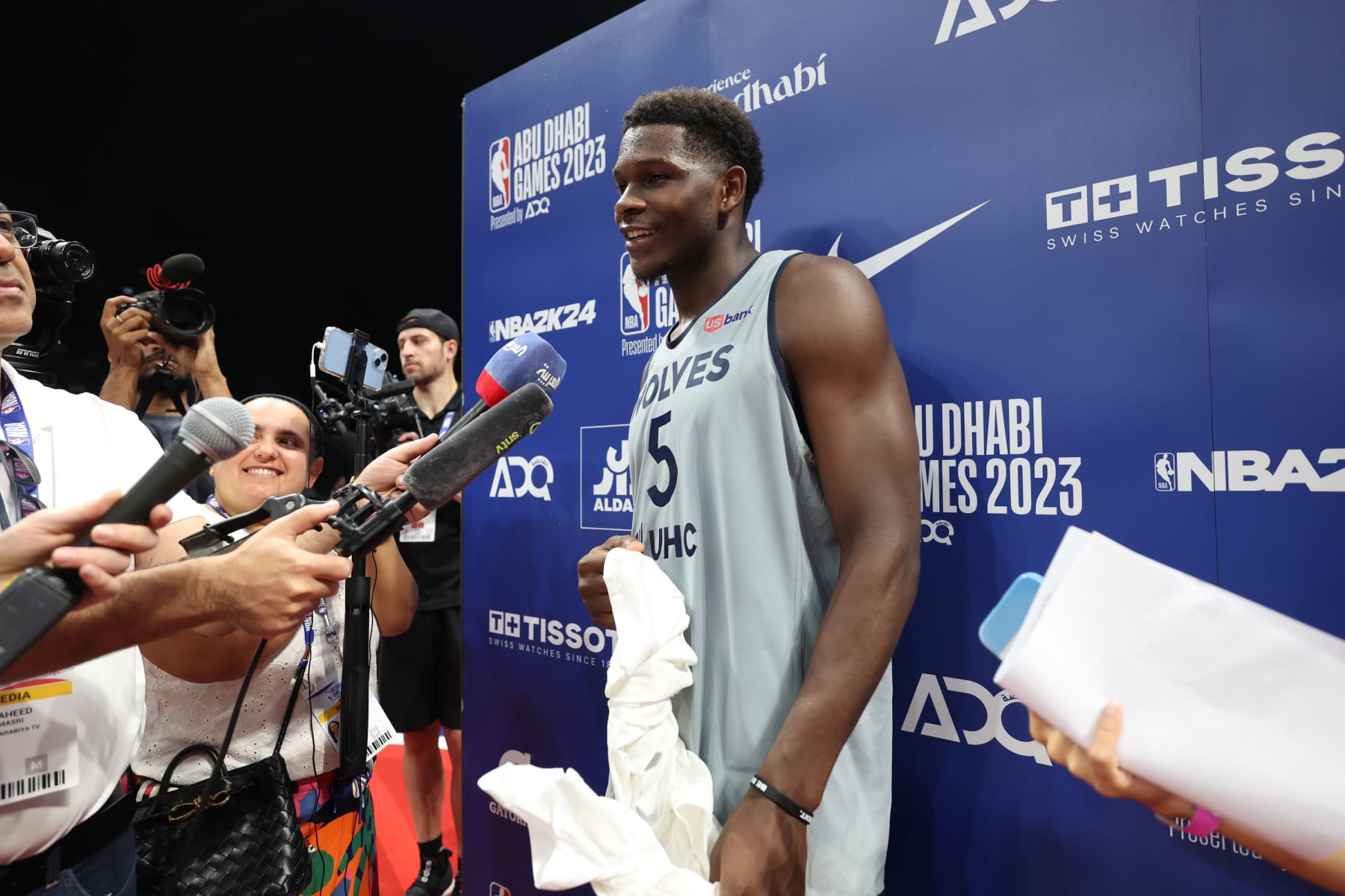 ABU DHABI, UAE - OCTOBER 4: Anthony Edwards of the Minnesota Timberwolves speaks to the media during practice and media availability as part of 2023 NBA Global Games Abu Dhabi at Etihad Arena on October 4, 2023 in Abu Dhabi, The United Arab Emirates. NOTE TO USER: User expressly acknowledges and agrees that, by downloading and/or using this Photograph, user is consenting to the terms and conditions of the Getty Images License Agreement. Mandatory Copyright Notice: Copyright 2023 NBAE (Photo by David Sherman/NBAE via Getty Images)