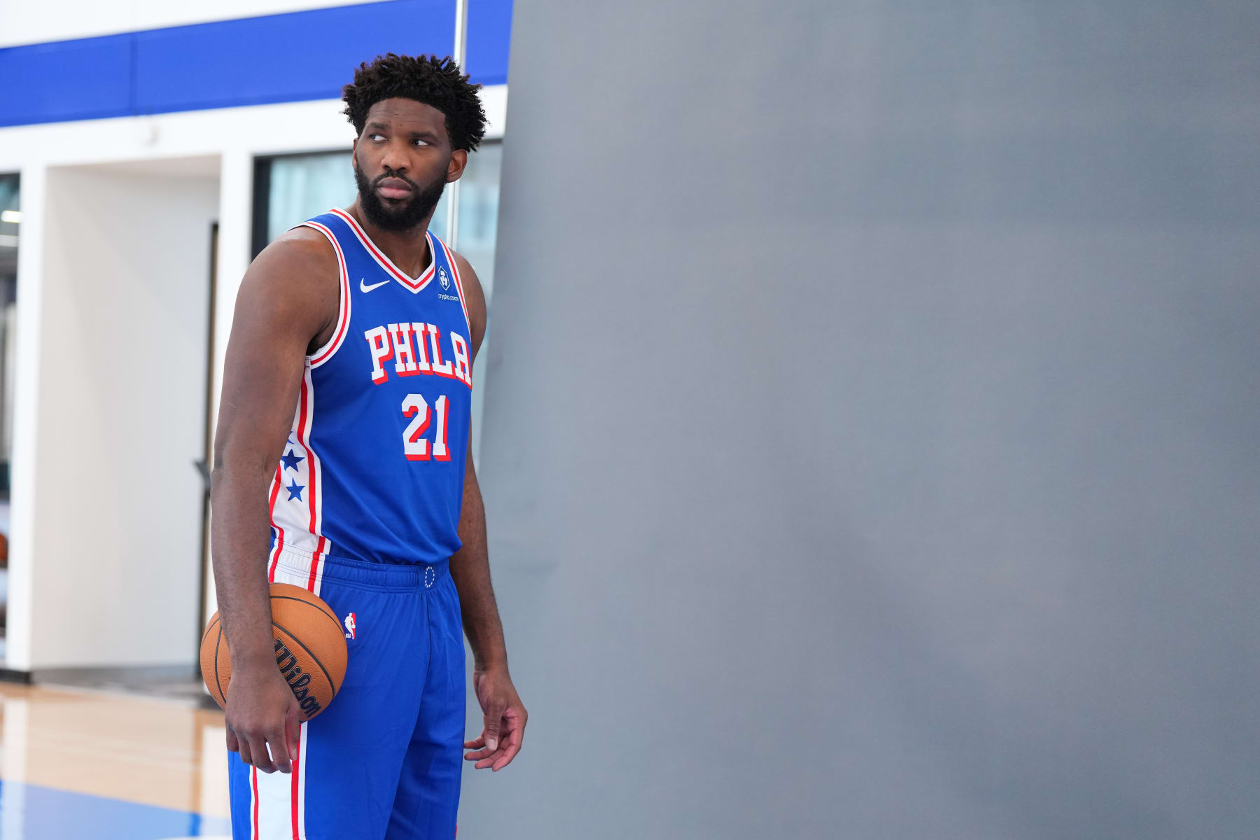 CAMDEN, NEW JERSEY - OCTOBER 2: Joel Embiid #21 of the Philadelphia 76ers participates in media day at the 76ers Training Complex on October 2, 2023 in Camden, New Jersey. NOTE TO USER: User expressly acknowledges and agrees that, by downloading and or using this photograph, User is consenting to the terms and conditions of the Getty Images License Agreement. (Photo by Mitchell Leff/Getty Images)