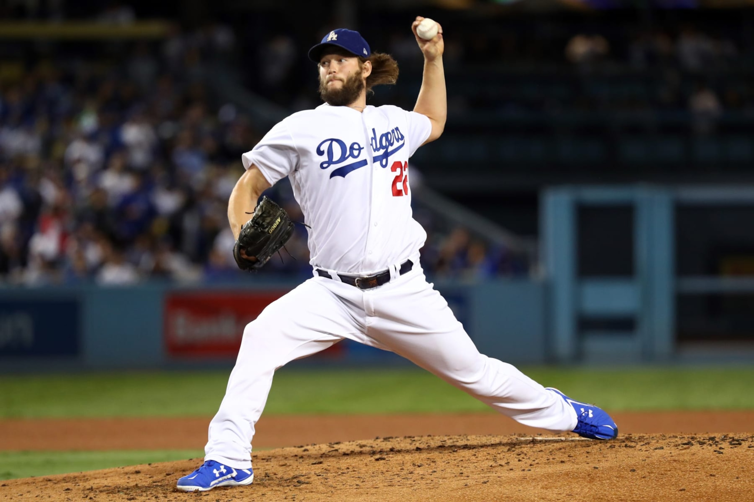 LOS ANGELES, CA - NOVEMBER 1:  Clayton Kershaw #22 of the Los Angeles Dodgers pitches during Game 7 of the 2017 World Series against the Houston Astrosat Dodger Stadium on Wednesday, November 1, 2017 in Los Angeles, California. (Photo by Alex Trautwig/MLB via Getty Images) 