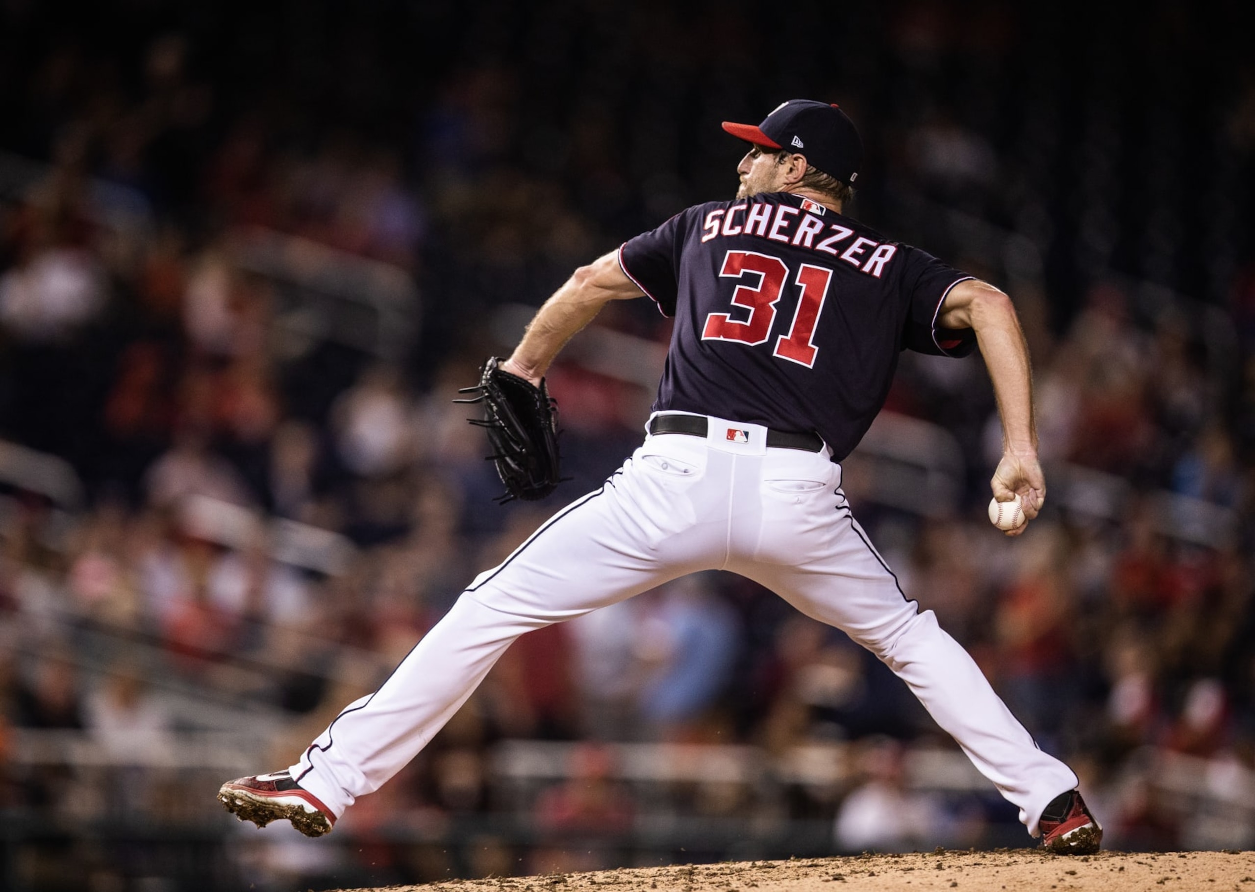WASHINGTON, D.C. - SEPTEMBER 25:  Max Scherzer #31 of the Washington Nationals pitches during a game against the Miami Marlins at Nationals Park on Tuesday, September 25, 2018 in Washington, D.C. (Photo by Rob Tringali/MLB via Getty Images) 