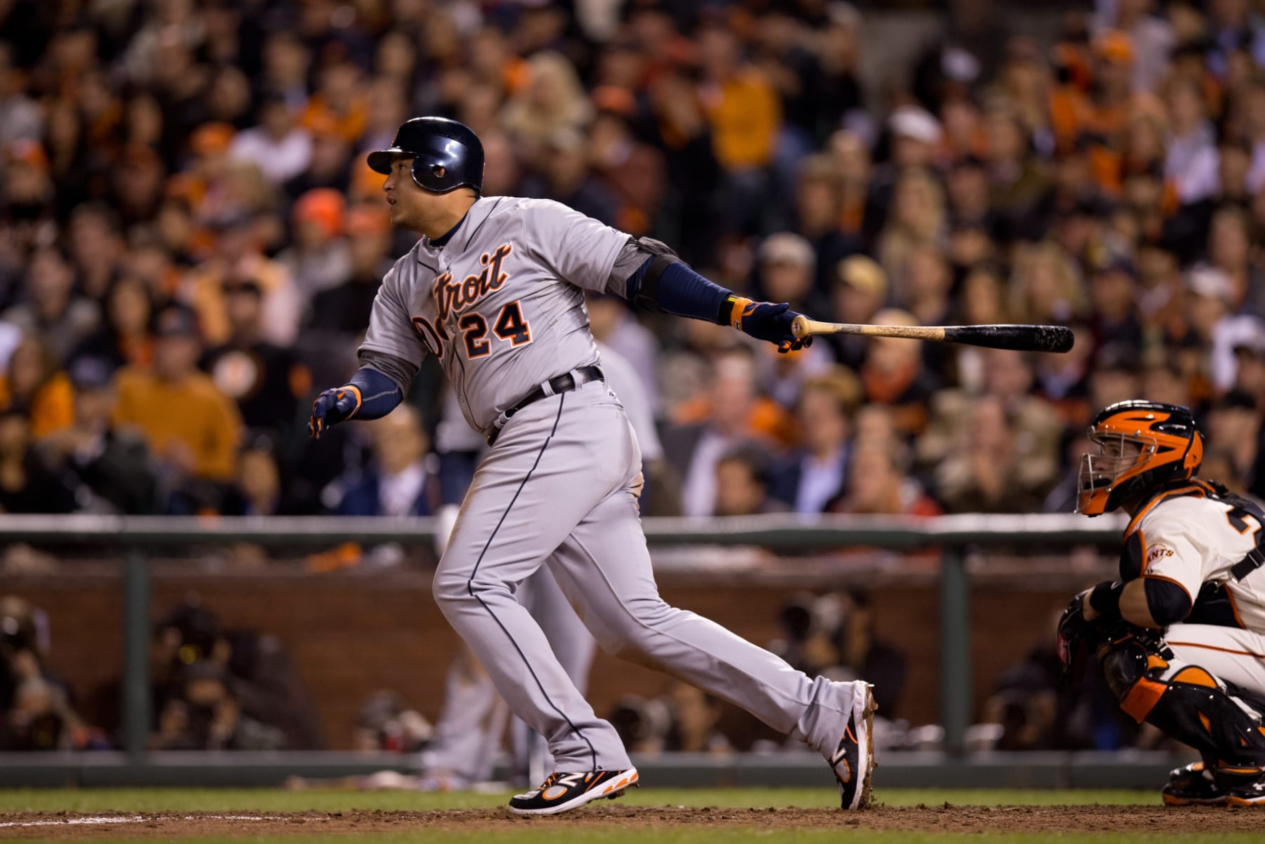 SAN FRANCISCO, CA - OCTOBER 24:  Miguel Cabrera #24 of the Detroit Tigers hits a RBI single in the top of the sixth inning to score Austin Jackson during Game 1 of the 2012 World Series against the San Francisco Giants on Wednesday, October 24, 2012 at AT&T Park in San Francisco, California. (Photo by Brad Mangin/MLB via Getty Images) 