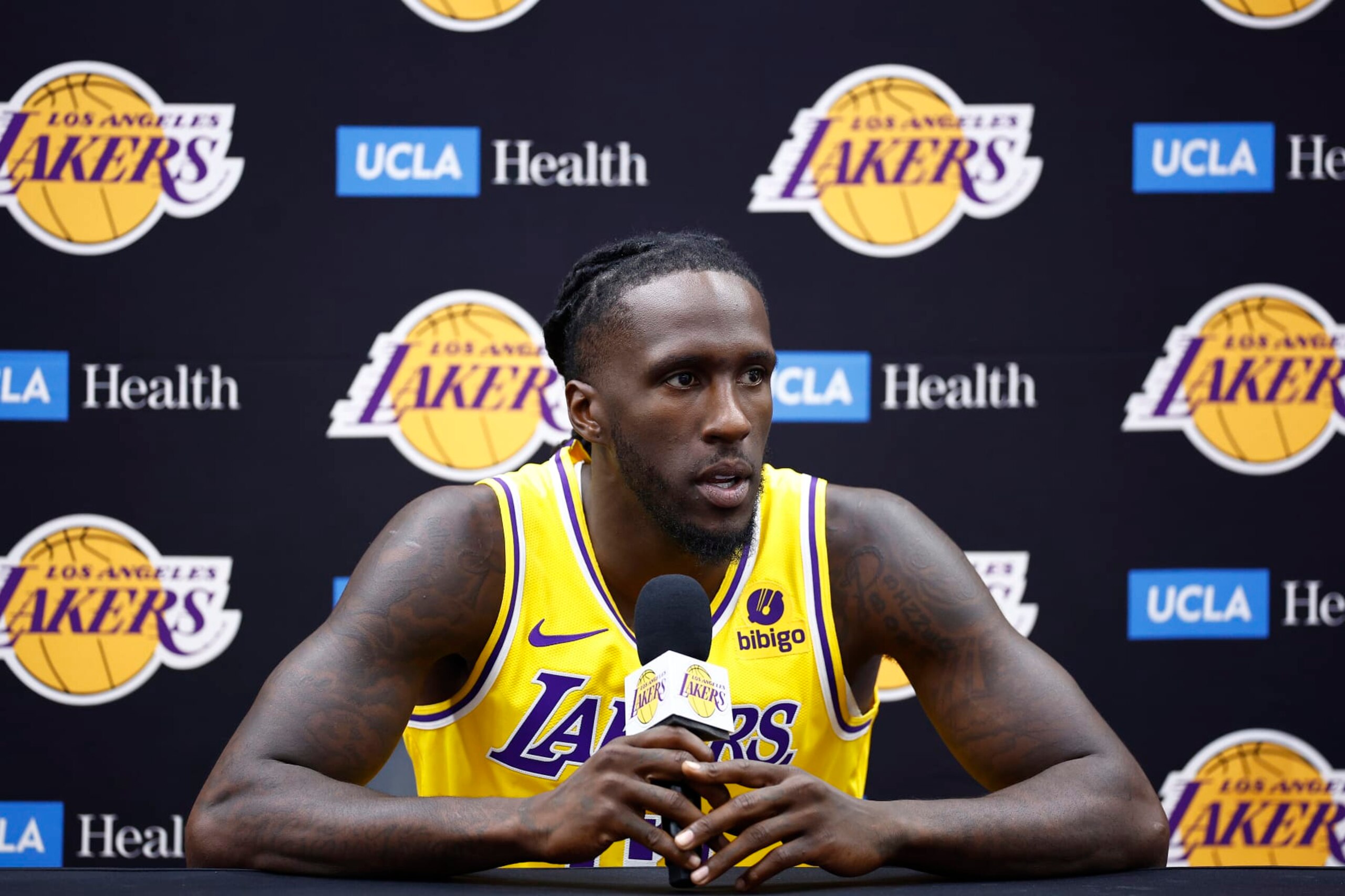 EL SEGUNDO, CALIFORNIA - OCTOBER 02: Taurean Prince #12 of the Los Angeles Lakers speaks with the media during Los Angeles Lakers media day at UCLA Health Training Center on October 02, 2023 in El Segundo, California. NOTE TO USER: User expressly acknowledges and agrees that, by downloading and/or using this photograph, user is consenting to the terms and conditions of the Getty Images License Agreement. (Photo by Ronald Martinez/Getty Images) EL SEGUNDO, CALIFORNIA - OCTOBER 02: Taurean Prince #12 of the Los Angeles Lakers speaks with the media during Los Angeles Lakers media day at UCLA Health Training Center on October 02, 2023 in El Segundo, California. NOTE TO USER: User expressly acknowledges and agrees that, by downloading and/or using this photograph, user is consenting to the terms and conditions of the Getty Images License Agreement. (Photo by Ronald Martinez/Getty Images)