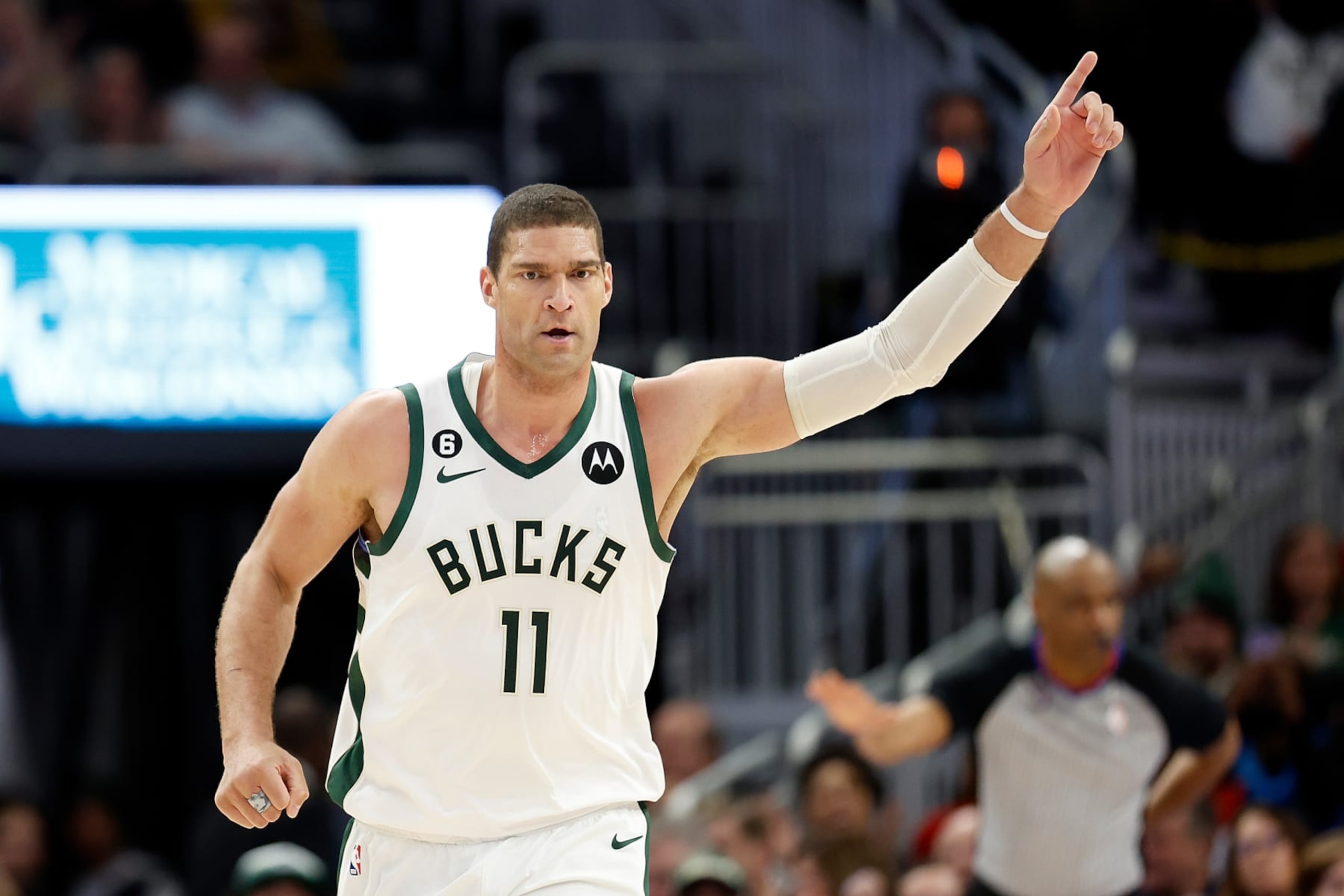 MILWAUKEE, WISCONSIN - MARCH 19: Brook Lopez #11 of the Milwaukee Bucks reacts after scoring during the second half of the game against the Toronto Raptors at Fiserv Forum on March 19, 2023 in Milwaukee, Wisconsin. NOTE TO USER: User expressly acknowledges and agrees that, by downloading and or using this photograph, User is consenting to the terms and conditions of the Getty Images License Agreement. (Photo by John Fisher/Getty Images) MILWAUKEE, WISCONSIN - MARCH 19: Brook Lopez #11 of the Milwaukee Bucks reacts after scoring during the second half of the game against the Toronto Raptors at Fiserv Forum on March 19, 2023 in Milwaukee, Wisconsin. NOTE TO USER: User expressly acknowledges and agrees that, by downloading and or using this photograph, User is consenting to the terms and conditions of the Getty Images License Agreement. (Photo by John Fisher/Getty Images)