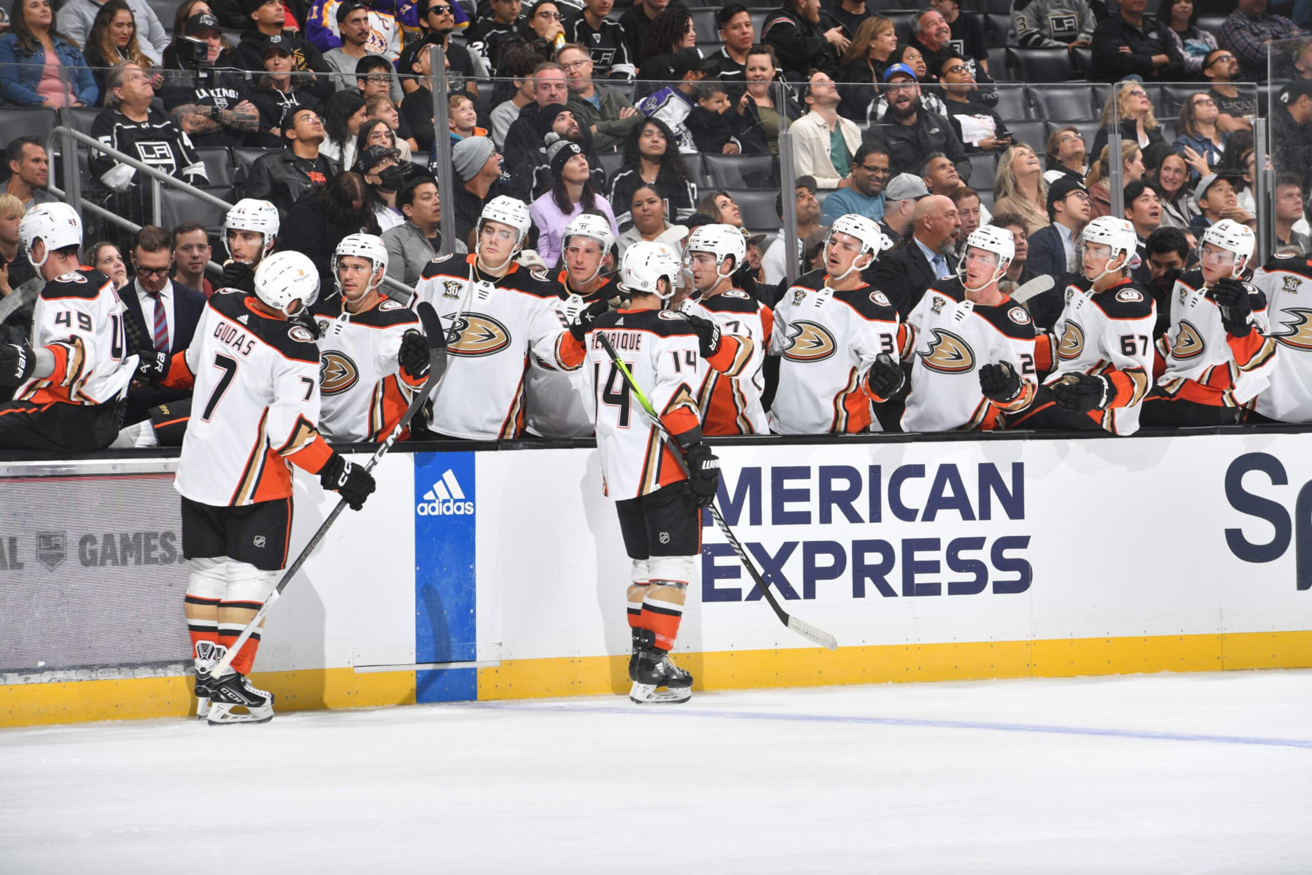 LOS ANGELES, CA - October 3: Radko Gudas #7 and Adam Henrique #14 of the Anaheim Ducks celebrate goal with teammates during the second period against the Los Angeles Kings at Crypto.com Arena on October 3, 2023 in Los Angeles, California. (Photo by Juan Ocampo/NHLI via Getty Images) LOS ANGELES, CA - October 3: Radko Gudas #7 and Adam Henrique #14 of the Anaheim Ducks celebrate goal with teammates during the second period against the Los Angeles Kings at Crypto.com Arena on October 3, 2023 in Los Angeles, California. (Photo by Juan Ocampo/NHLI via Getty Images)