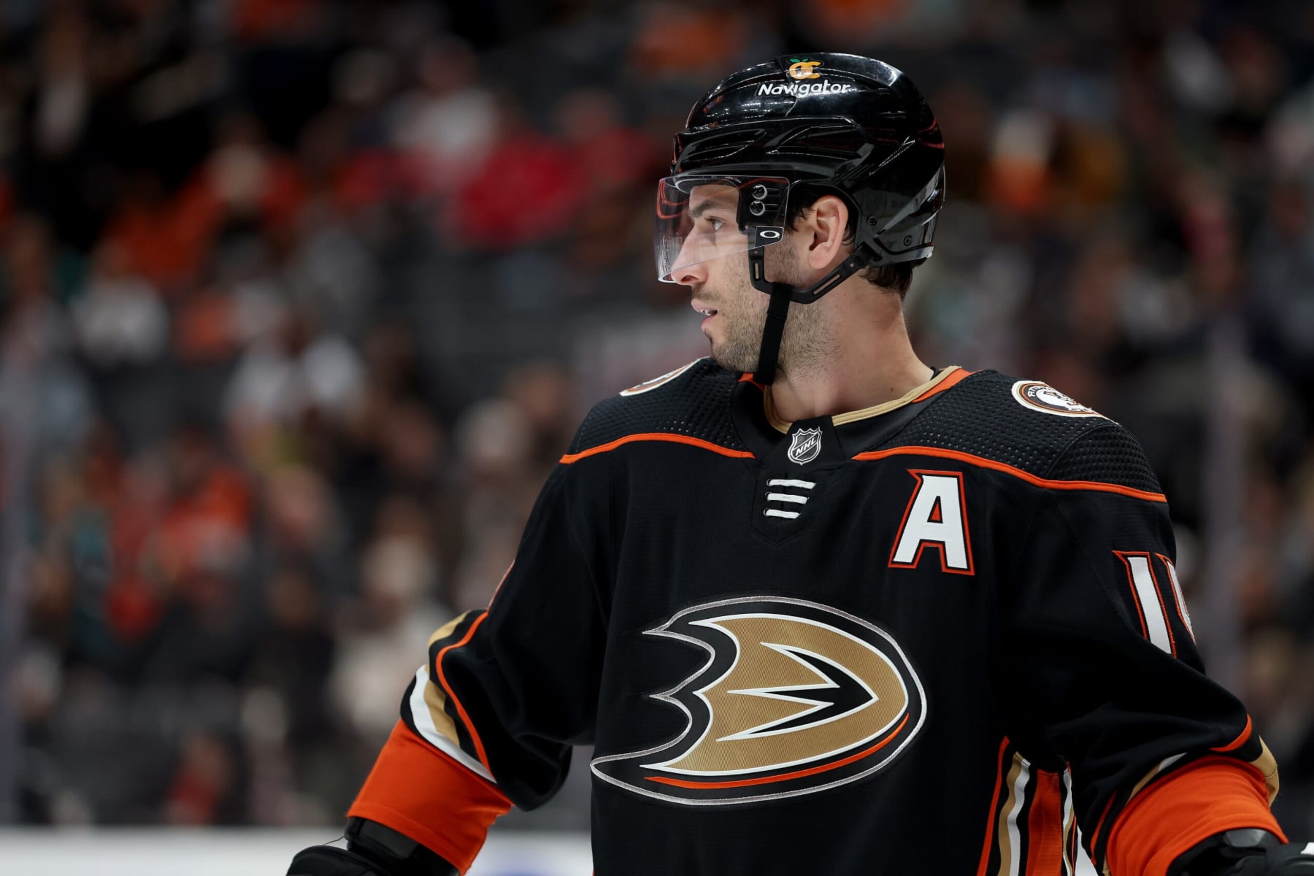 ANAHEIM, CALIFORNIA - JANUARY 13: Adam Henrique #14 of the Anaheim Ducks looks on during the third period of a game \an]\ at Honda Center on January 13, 2023 in Anaheim, California. (Photo by Sean M. Haffey/Getty Images)