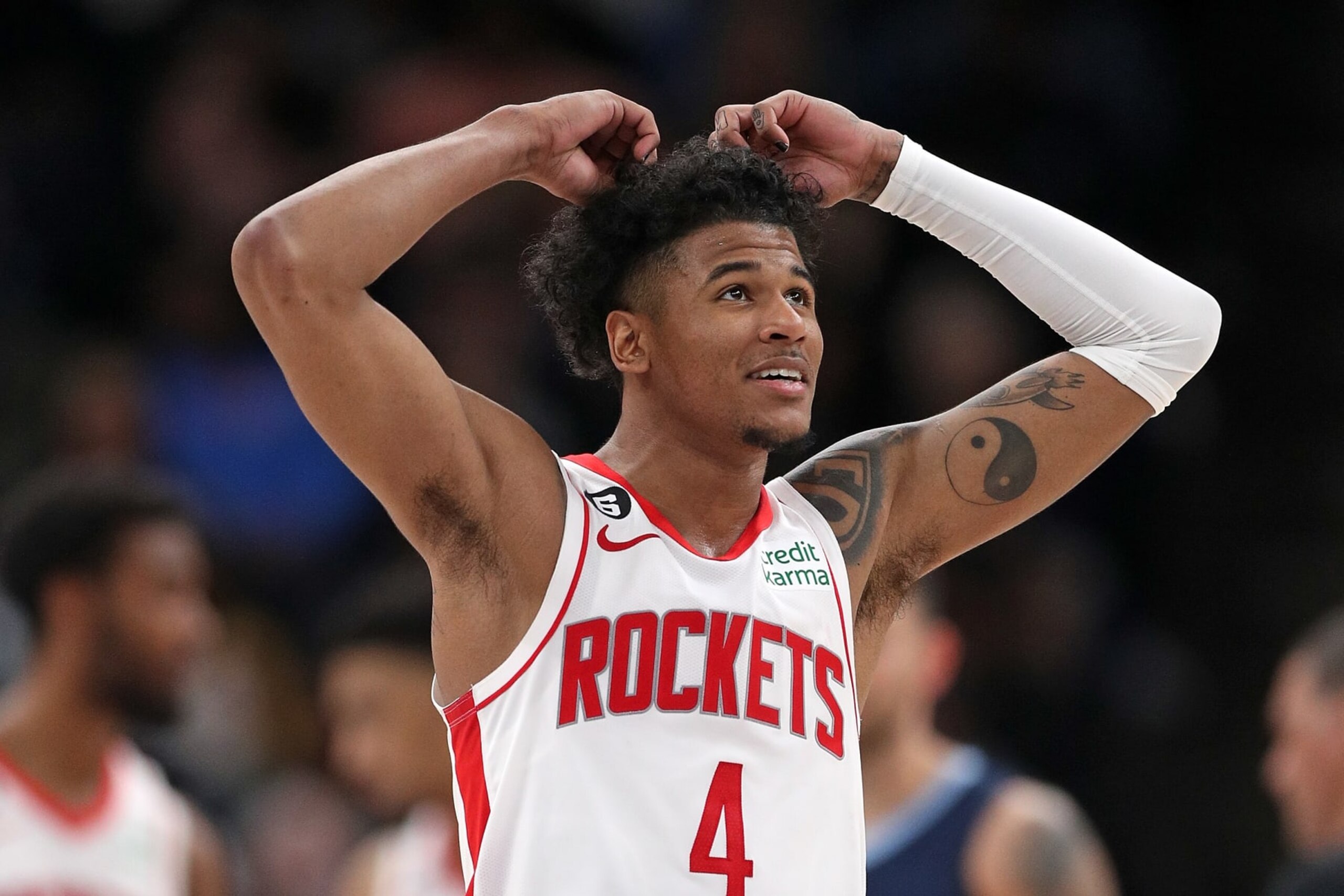 MEMPHIS, TENNESSEE - MARCH 22: Jalen Green #4 of the Houston Rockets reacts during the game against the Memphis Grizzlies at FedExForum on March 22, 2023 in Memphis, Tennessee. NOTE TO USER: User expressly acknowledges and agrees that, by downloading and or using this photograph, User is consenting to the terms and conditions of the Getty Images License Agreement. (Photo by Justin Ford/Getty Images)