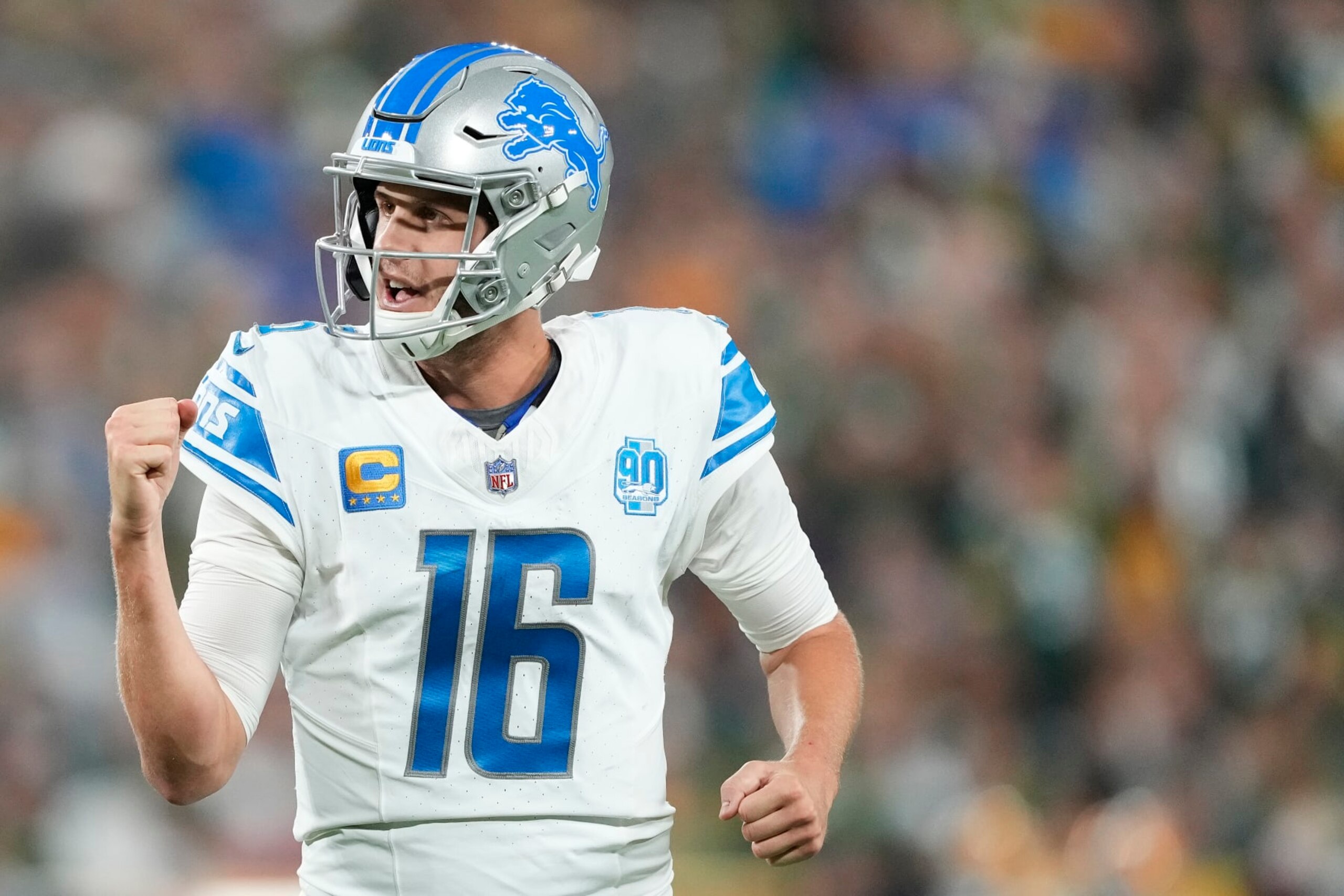 GREEN BAY, WISCONSIN - SEPTEMBER 28: Jared Goff #16 of the Detroit Lions celebrates a touchdown against the Green Bay Packers during the second quarter in the game at Lambeau Field on September 28, 2023 in Green Bay, Wisconsin. (Photo by Patrick McDermott/Getty Images) GREEN BAY, WISCONSIN - SEPTEMBER 28: Jared Goff #16 of the Detroit Lions celebrates a touchdown against the Green Bay Packers during the second quarter in the game at Lambeau Field on September 28, 2023 in Green Bay, Wisconsin. (Photo by Patrick McDermott/Getty Images)