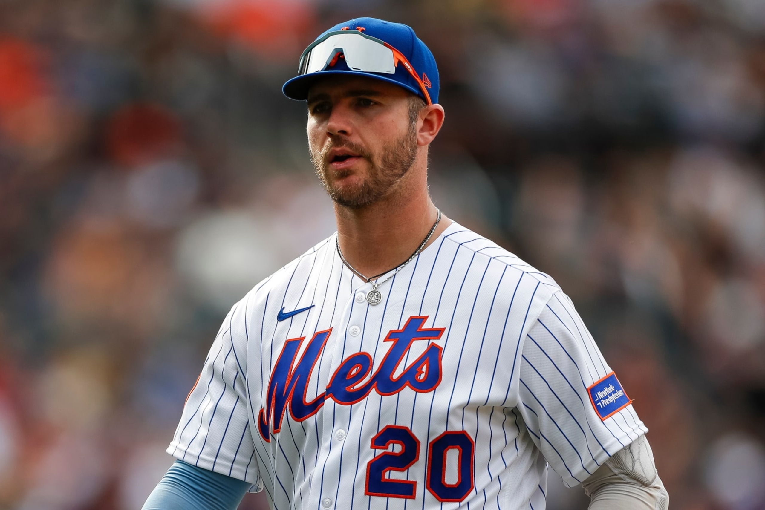 NEW YORK, NEW YORK - SEPTEMBER 17: Pete Alonso #20 of the New York Mets walks off the field in the seventh inning during a game against the Cincinnati Reds at Citi Field on September 17, 2023 in New York City. (Photo by Brandon Sloter/Image Of Sport/Getty Images)