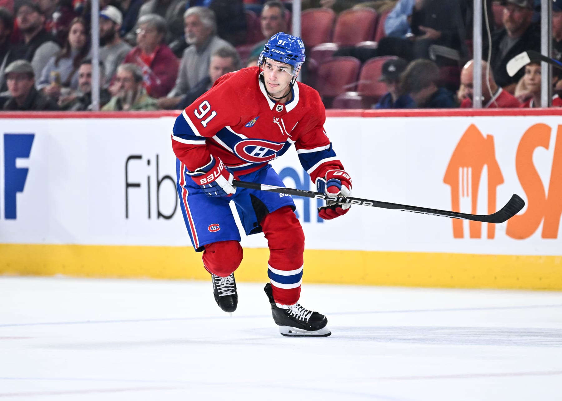 MONTREAL, CANADA - SEPTEMBER 27:  Sean Monahan #91 of the Montreal Canadiens skates during the second period against the Ottawa Senators at the Bell Centre on September 27, 2023 in Montreal, Quebec, Canada.  The Montreal Canadiens defeated the Ottawa Senators 4-3.  (Photo by Minas Panagiotakis/Getty Images)