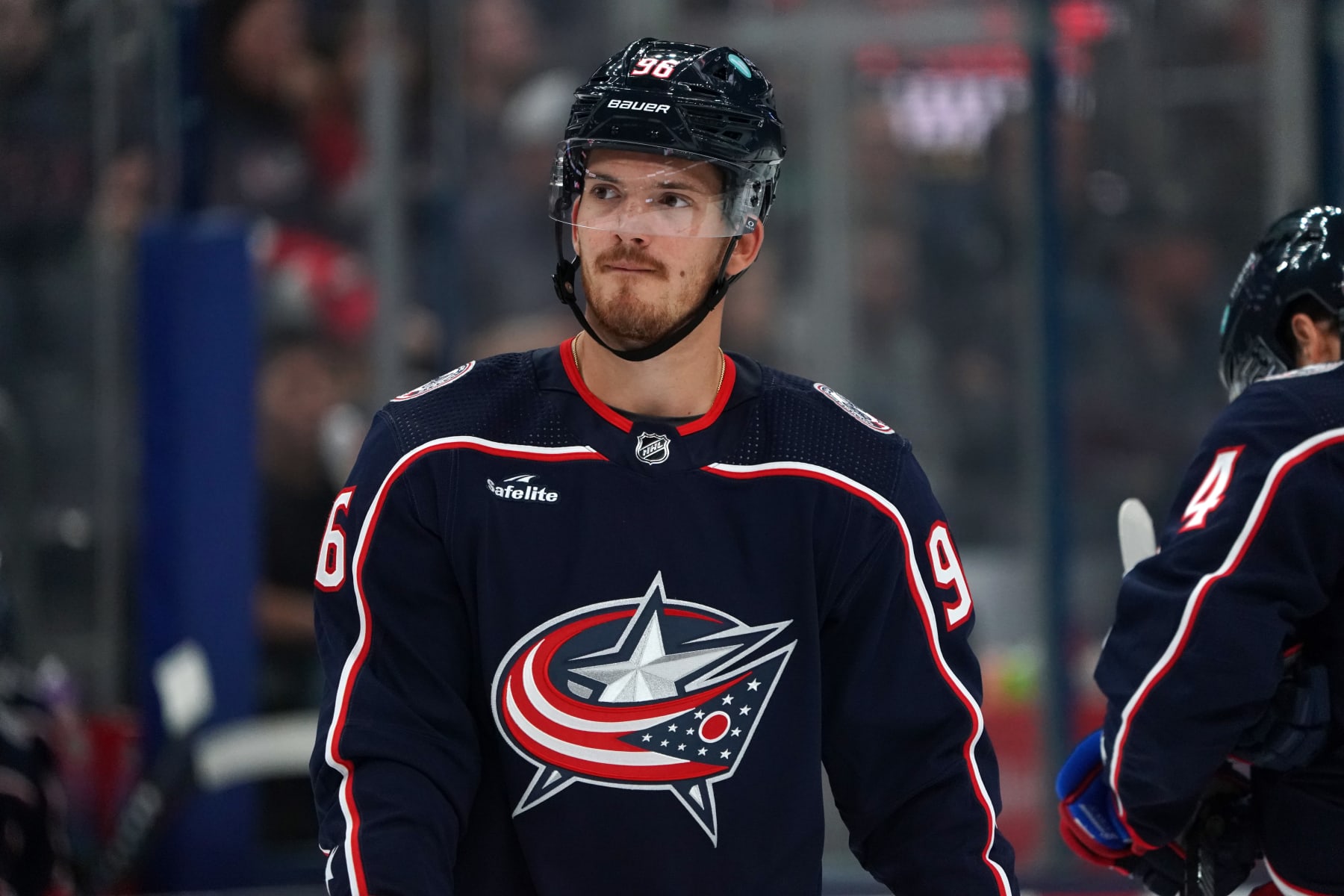 COLUMBUS, OHIO - OCTOBER 02: Jack Roslovic #96 of the Columbus Blue Jackets looks on during the game against the St. Louis Blues at Nationwide Arena on October 02, 2023 in Columbus, Ohio. (Photo by Jason Mowry/Getty Images)
