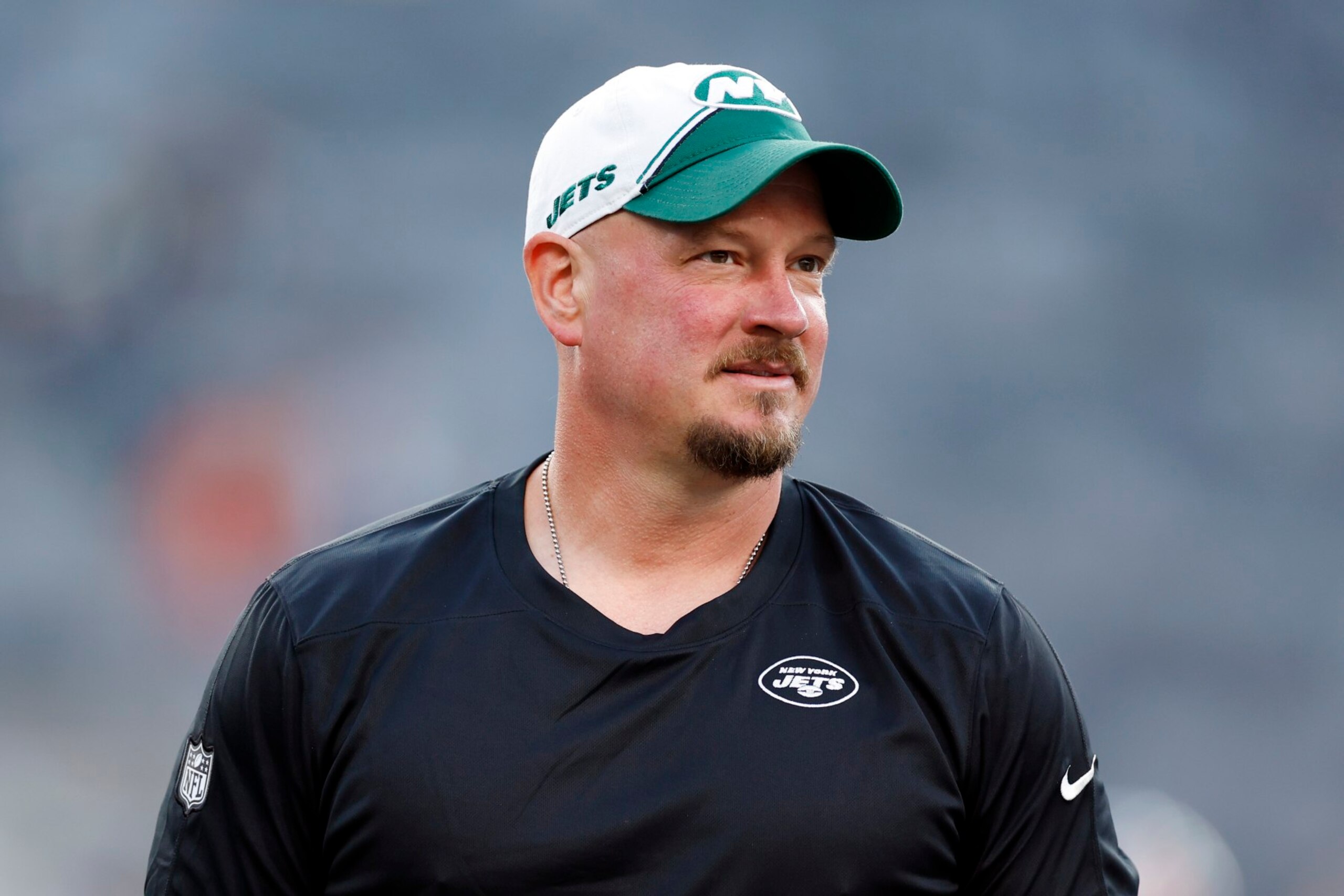 EAST RUTHERFORD, NEW JERSEY - AUGUST 19: Offensive coordinator Nathaniel Hackett of the New York Jets looks on during warmups during the first half of a preseason game against the Tampa Bay Buccaneers at MetLife Stadium on August 19, 2023 in East Rutherford, New Jersey. (Photo by Sarah Stier/Getty Images)