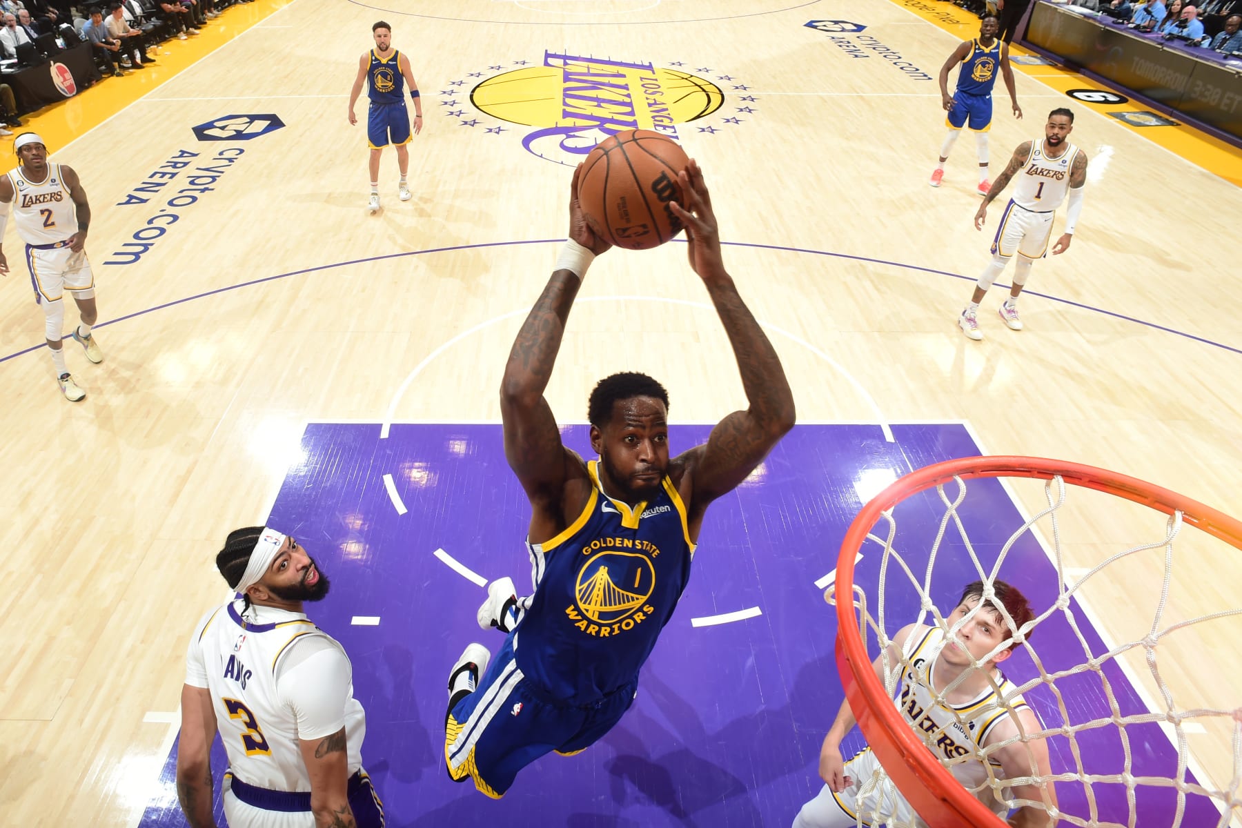 LOS ANGELES, CA - MAY 6: JaMychal Green #1 of the Golden State Warriors drives to the basket during Round 2 Game 3 of the Western Conference Semi-Finals 2023 NBA Playoffs against the Los Angeles Lakers on May 6, 2023 at Crypto.Com Arena in Los Angeles, California. NOTE TO USER: User expressly acknowledges and agrees that, by downloading and/or using this Photograph, user is consenting to the terms and conditions of the Getty Images License Agreement. Mandatory Copyright Notice: Copyright 2023 NBAE (Photo by Andrew D. Bernstein/NBAE via Getty Images)