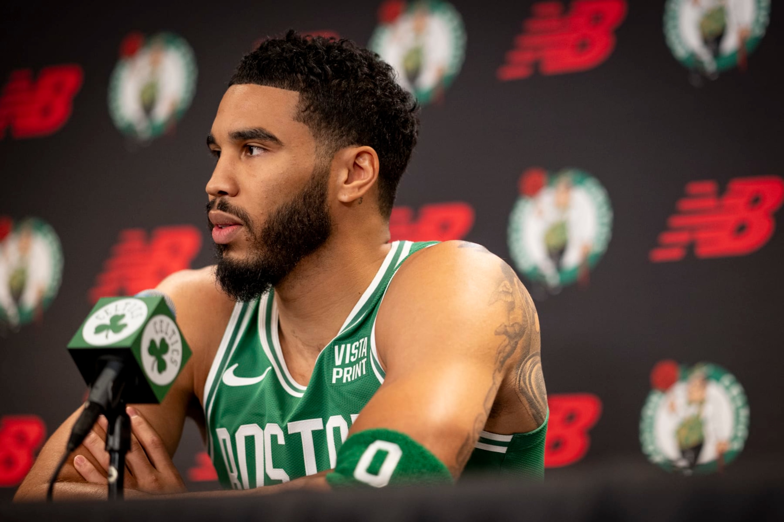 BOSTON, MASSACHUSETTS - OCTOBER 2: Jayson Tatum #0 of the Boston Celtics speaks to the media during Boston Celtics Media Day at The Auerbach Center on October 2, 2023 in Boston, Massachusetts. NOTE TO USER: User expressly acknowledges and agrees that, by downloading and or using this photograph, User is consenting to the terms and conditions of the Getty Images License Agreement.(Photo by Maddie Malhotra/Getty Images)
