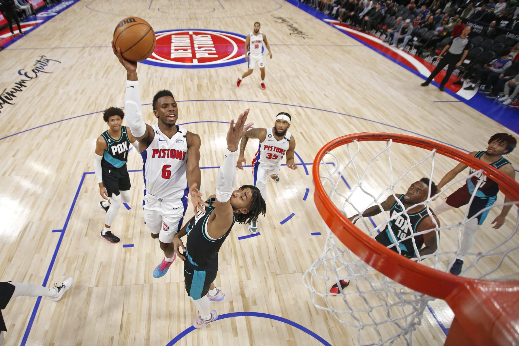 DETROIT, MI - MARCH 6: Hamidou Diallo #6 of the Detroit Pistons shoots the ball during the game against the Portland Trail Blazers on March 6, 2023 at Little Caesars Arena in Detroit, Michigan. NOTE TO USER: User expressly acknowledges and agrees that, by downloading and/or using this photograph, User is consenting to the terms and conditions of the Getty Images License Agreement. Mandatory Copyright Notice: Copyright 2023 NBAE (Photo by Brian Sevald/NBAE via Getty Images)